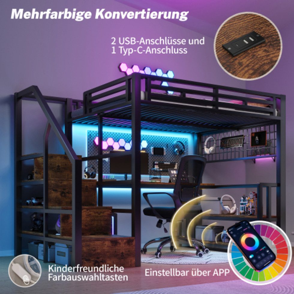 Ulife Hochbett 140 x 200 cm, Eisenrahmen, Lagerregal, Hängendes Gitter (3-St) LED-Lichtleiste, Schreibtisch, Treppenkonstruktionen mit Stauraum