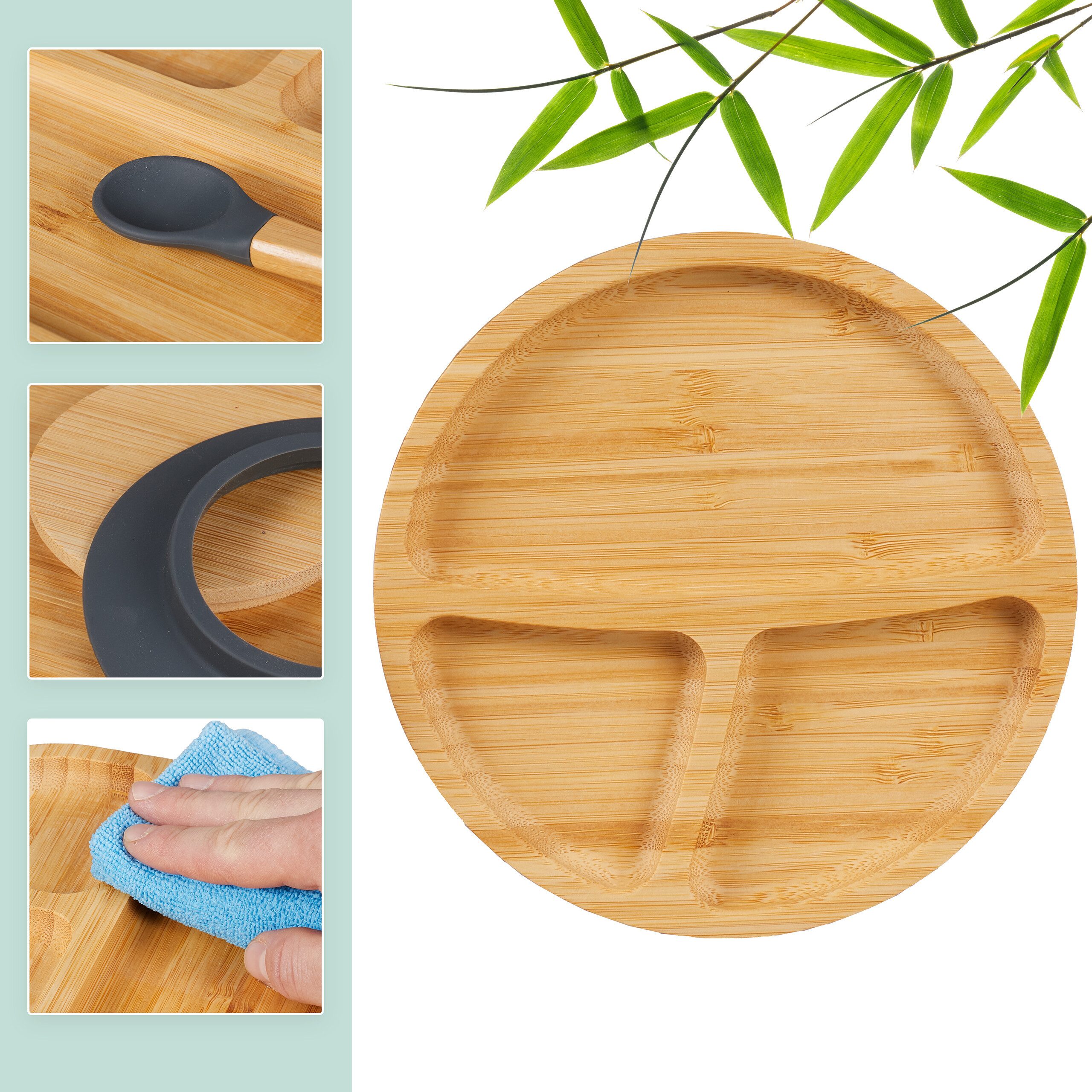 relaxdays Kindergeschirr-Set 3-teiliges Kindergeschirr Bambus (3-tlg), 1 Personen, Bambus, grau