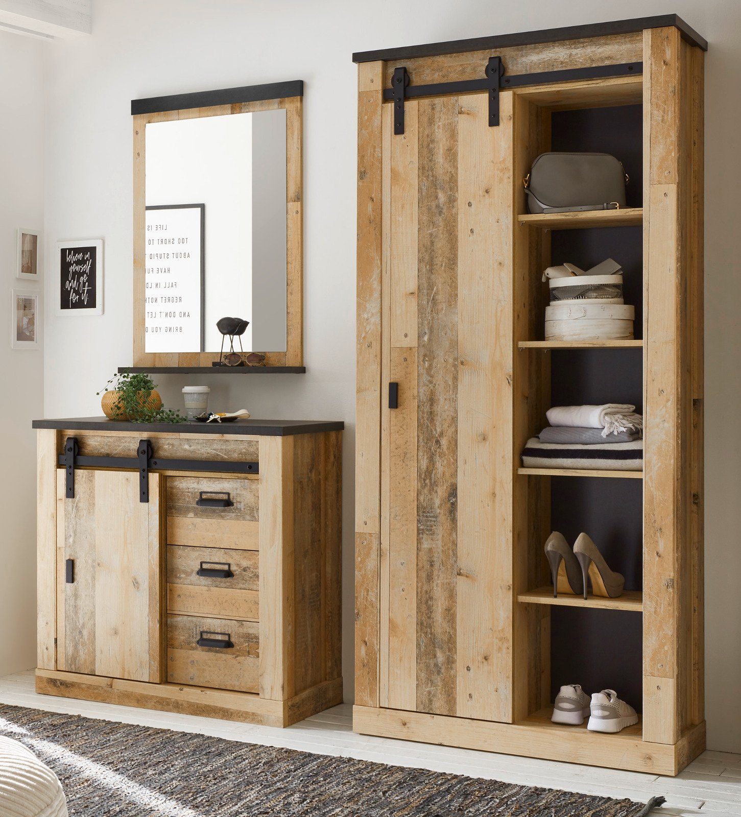 Furn.Design Garderoben-Set Stove, (Flurgarderobe 3-teilig in Used Wood hell, ca. 206 x 201 cm), mit Schiebetüren und Soft-Close