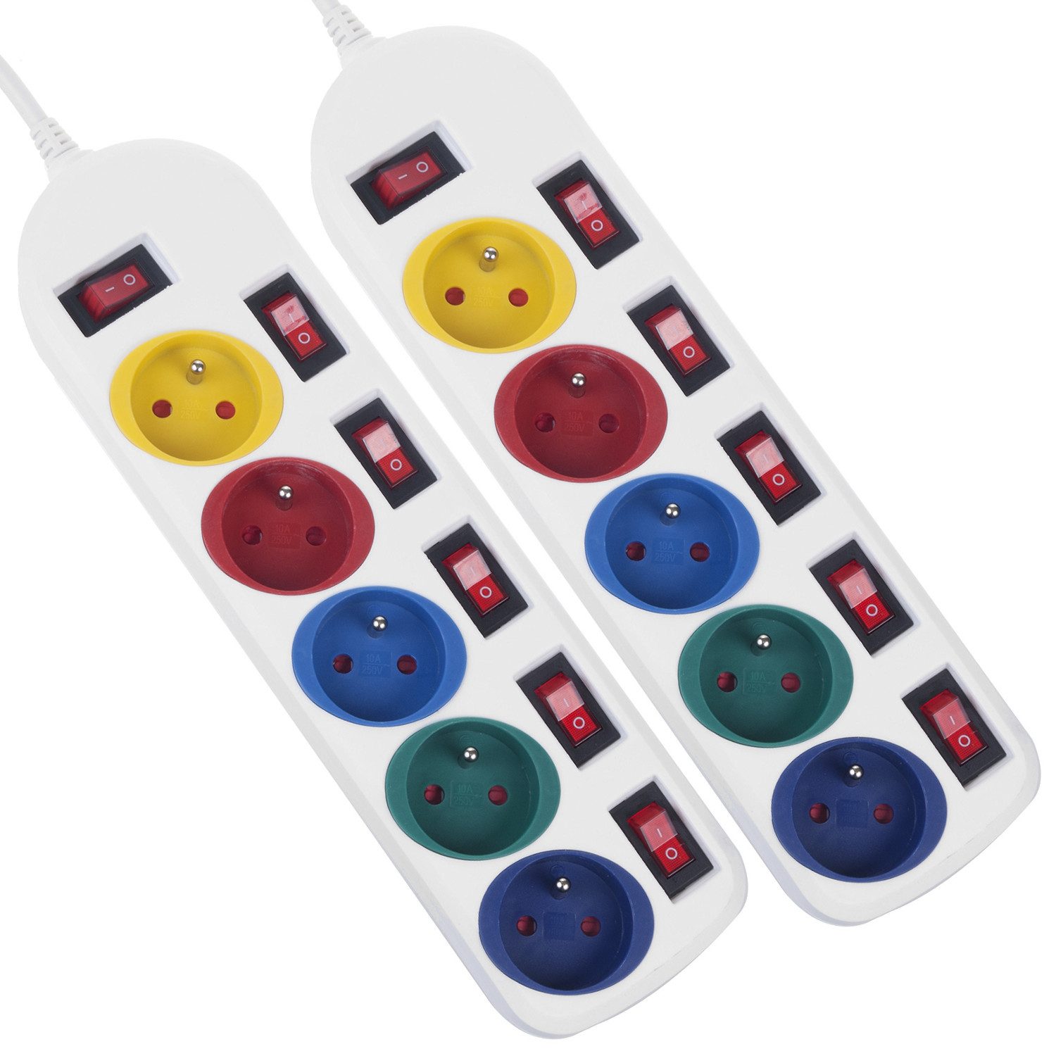 Maclean MCE204 Farbenfroh 5‑fach 1,5 m Kabel (Typ E) Steckdosenleiste 5-fach (Ein- / Ausschalter, separate Ein- / Ausschalter, Schalterbeleuchtung, Kindersicherung, Kabellänge 1.5 m), mit separaten Schaltern LED‑Beleuchtung