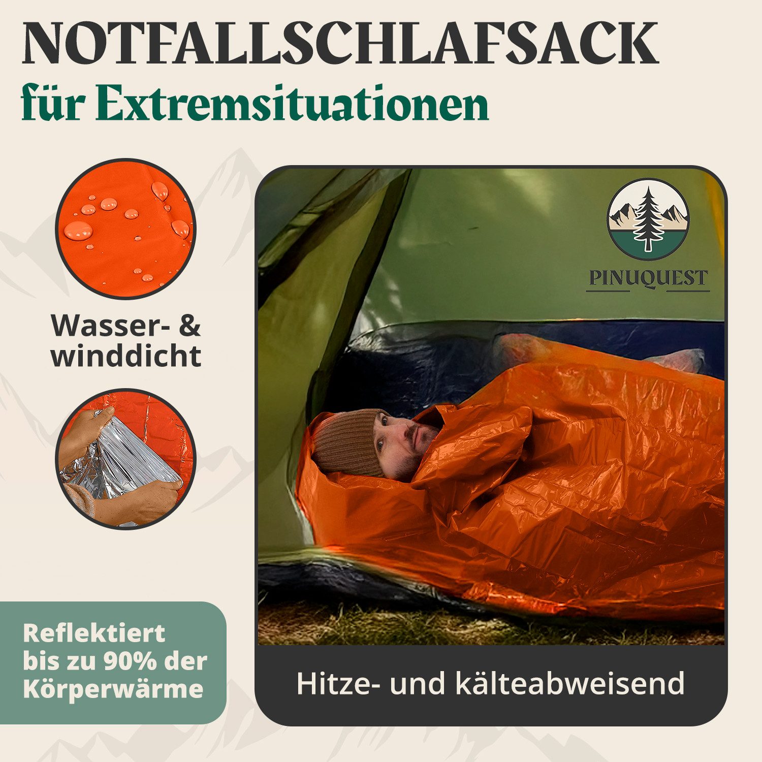 PINUQUEST Biwaksack Notfallschlafsack (2 tlg), Rettungsdecke Notfall-Biwaksack Survival Notbiwak, orange, 2 Stück