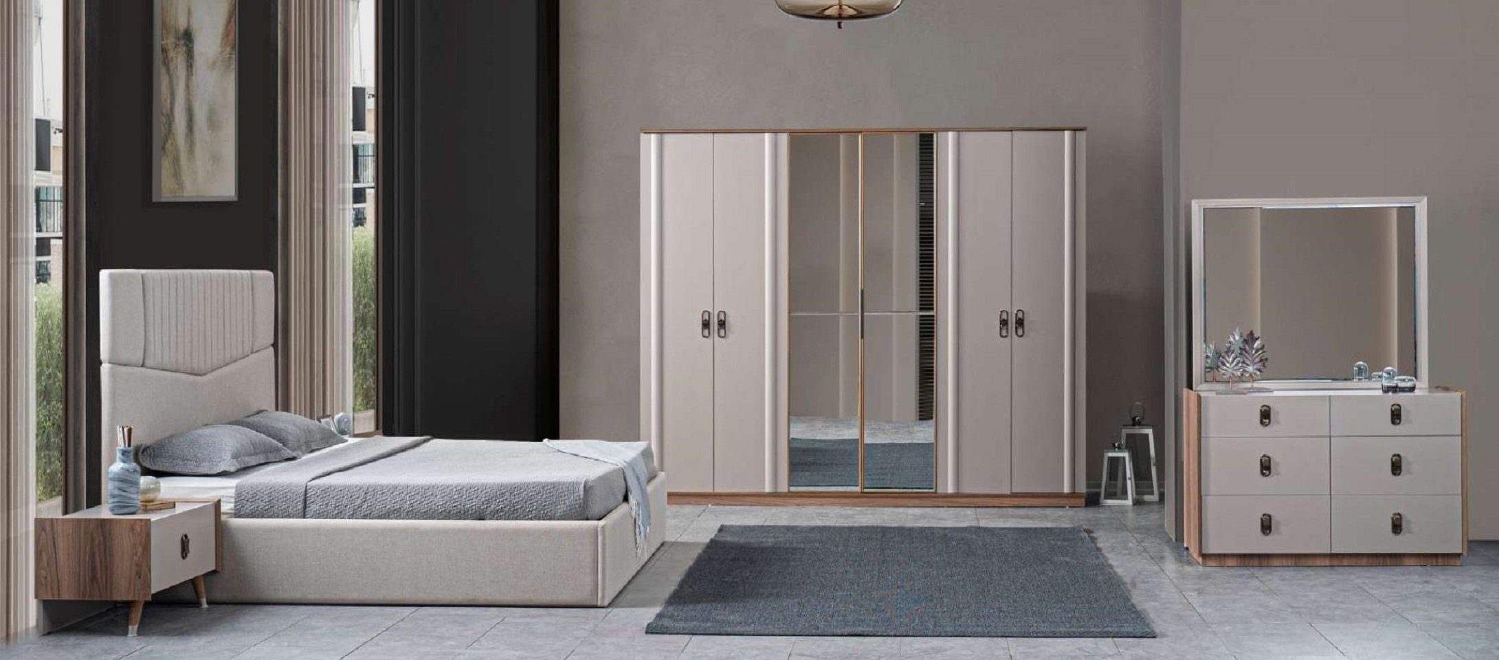 JVmoebel Schlafzimmer-Set Bett 2x Nachttische Kommode 5tlg. Schlafzimmer Design Luxus Luxus, (5-St., Bett + 2x Nachttische + Kleiderschrank + Kommode), Made in Europe