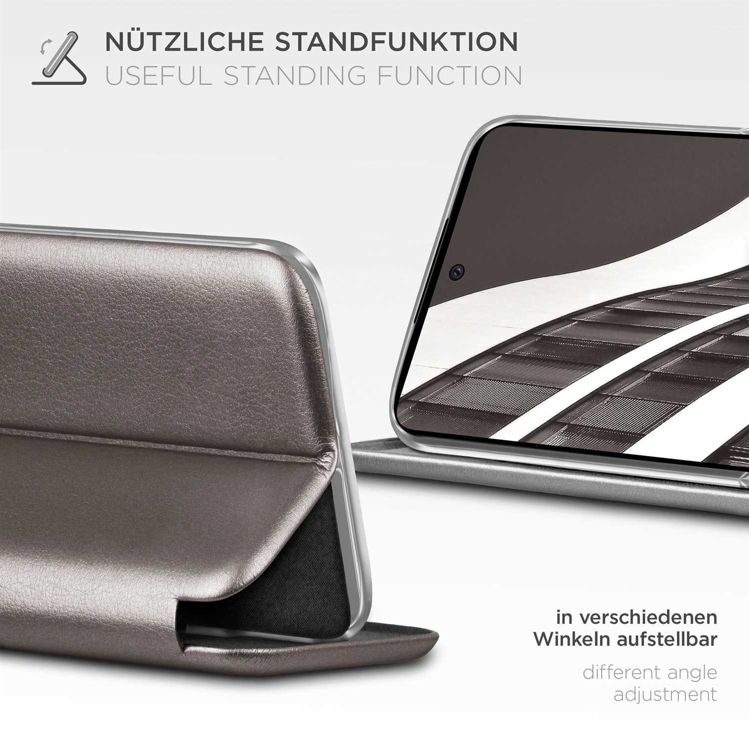 ONEFLOW Handyhülle für Samsung Galaxy A52 5G Premium Hülle Business Cover Grau 6,5 Zoll, 360 Grad Schutzhülle Flip Case Etui Klapphülle Dünn Leder Handy Tasche