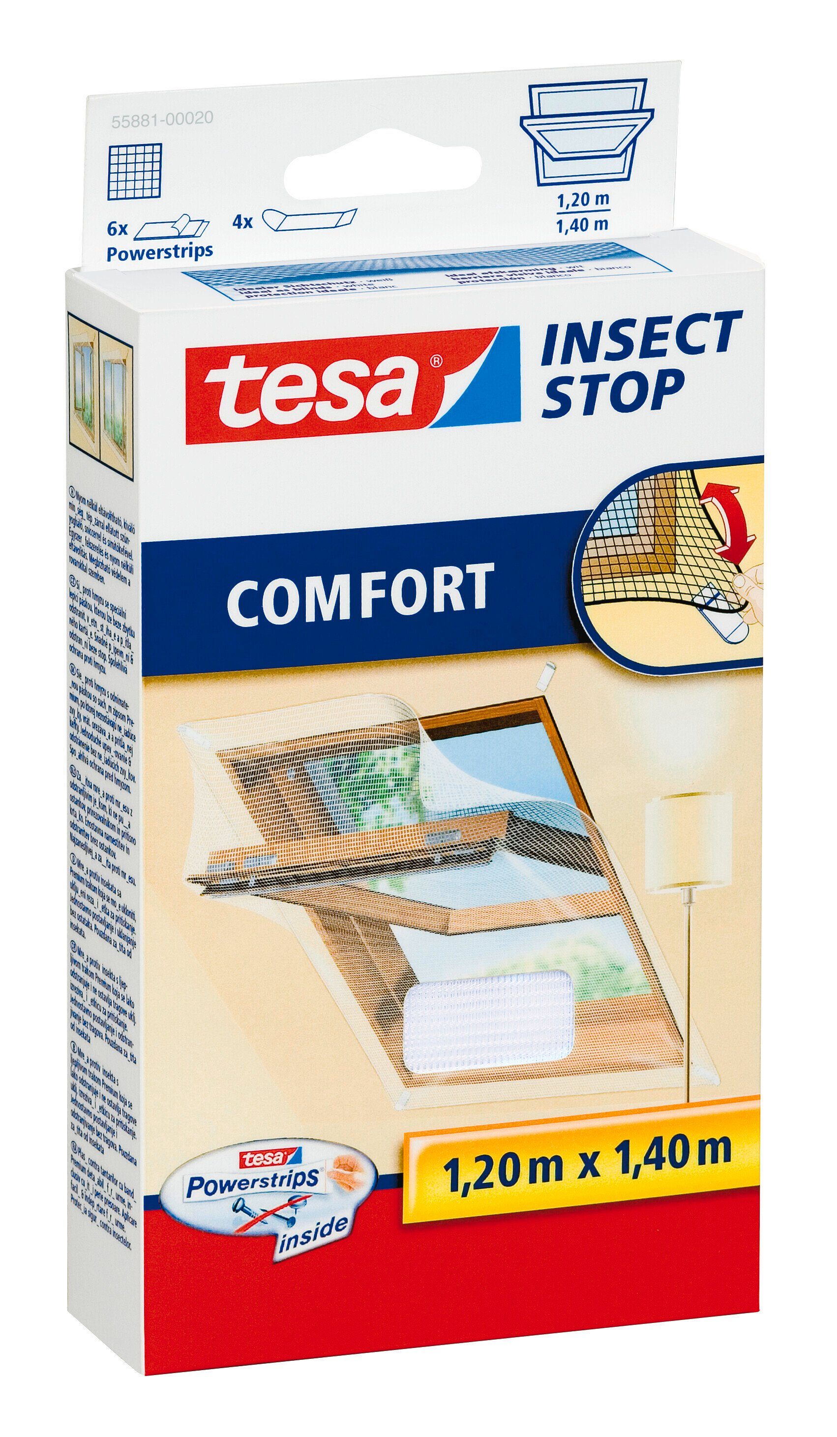 tesa Fliegengitter-Gewebe Insect Stop Comfort Fliegengitter für Fenster - 1.2 m : 1.4 m, (Packung, 1-St., Fliegennetz, Klettband), Insektenschutzgitter für Dachfenster - individuell zuschneidbar -weiß
