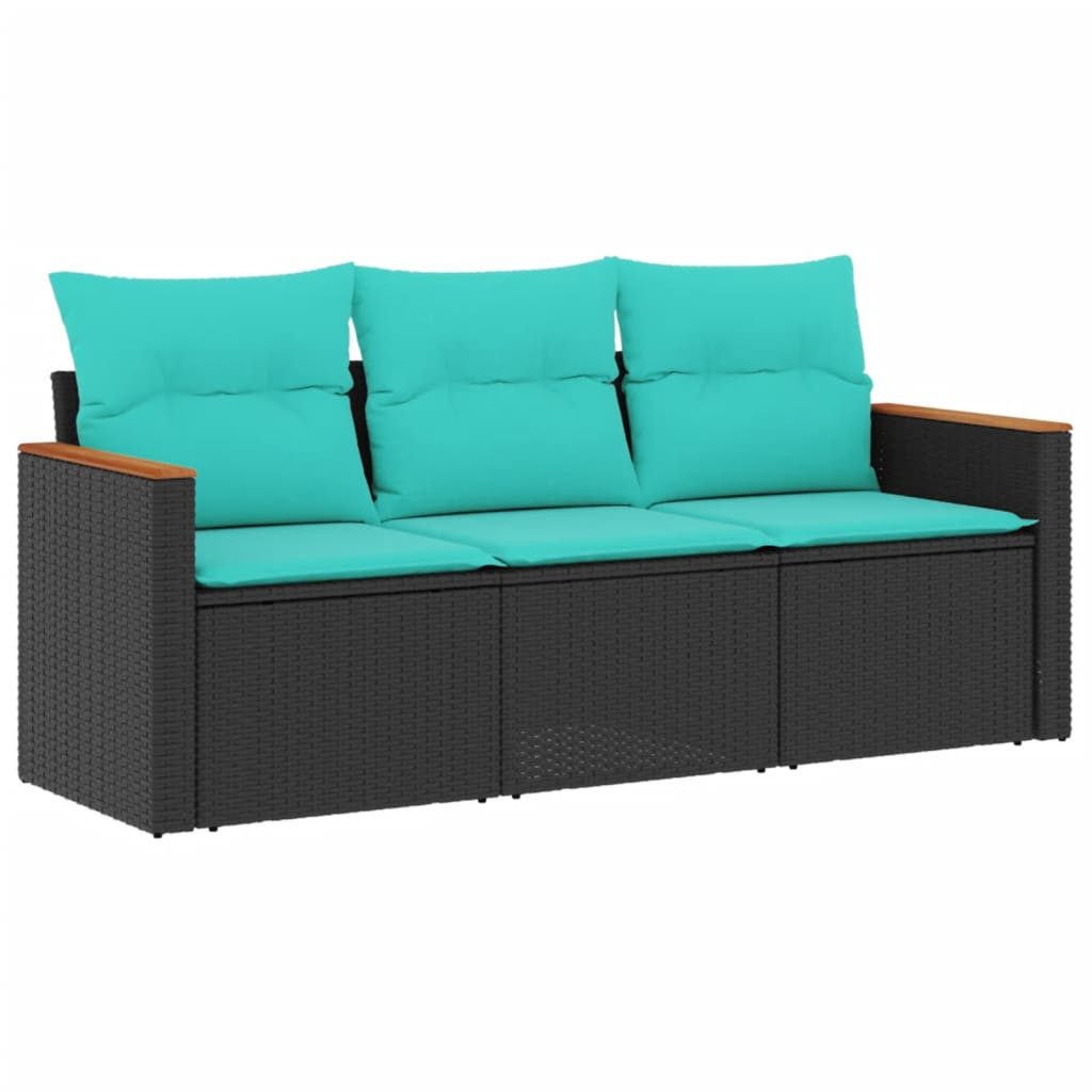 vidaXL Gartenlounge-Set 3-teiliges Gartensofa-Set mit Kissen, schwarzes Polyrattan, (1-tlg)