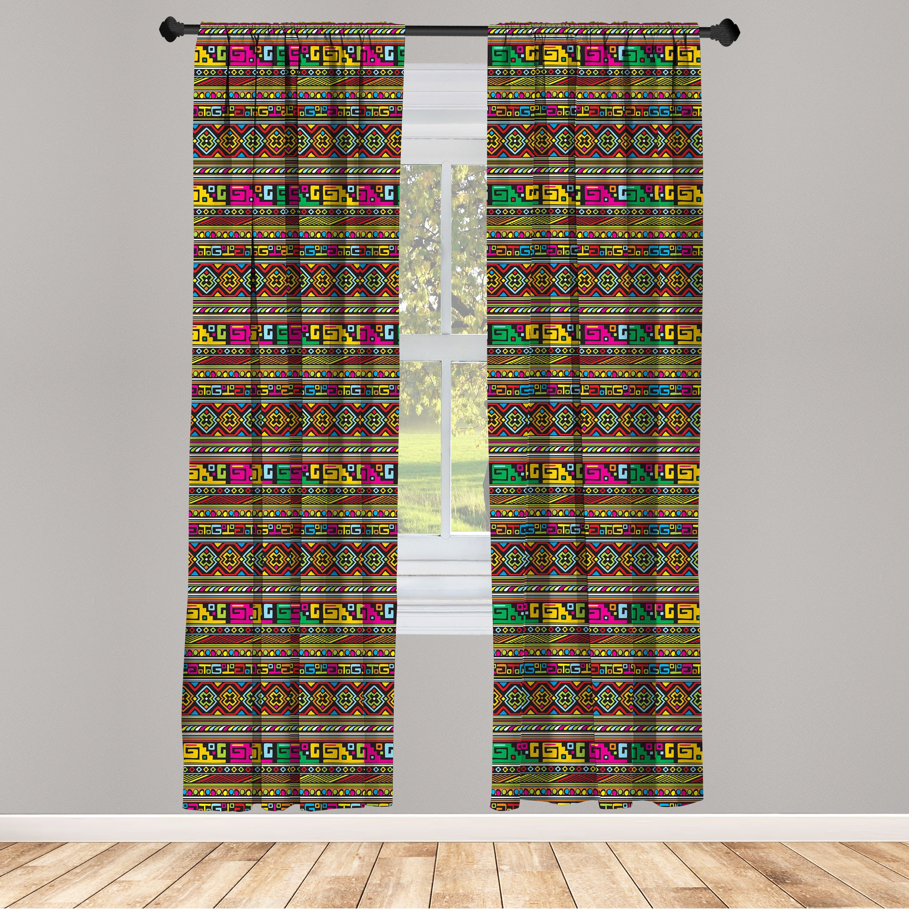 Gardine Vorhang für Wohnzimmer Schlafzimmer Dekor, Abakuhaus, Microfaser, afrikanisch Bunte Indigene Kunst