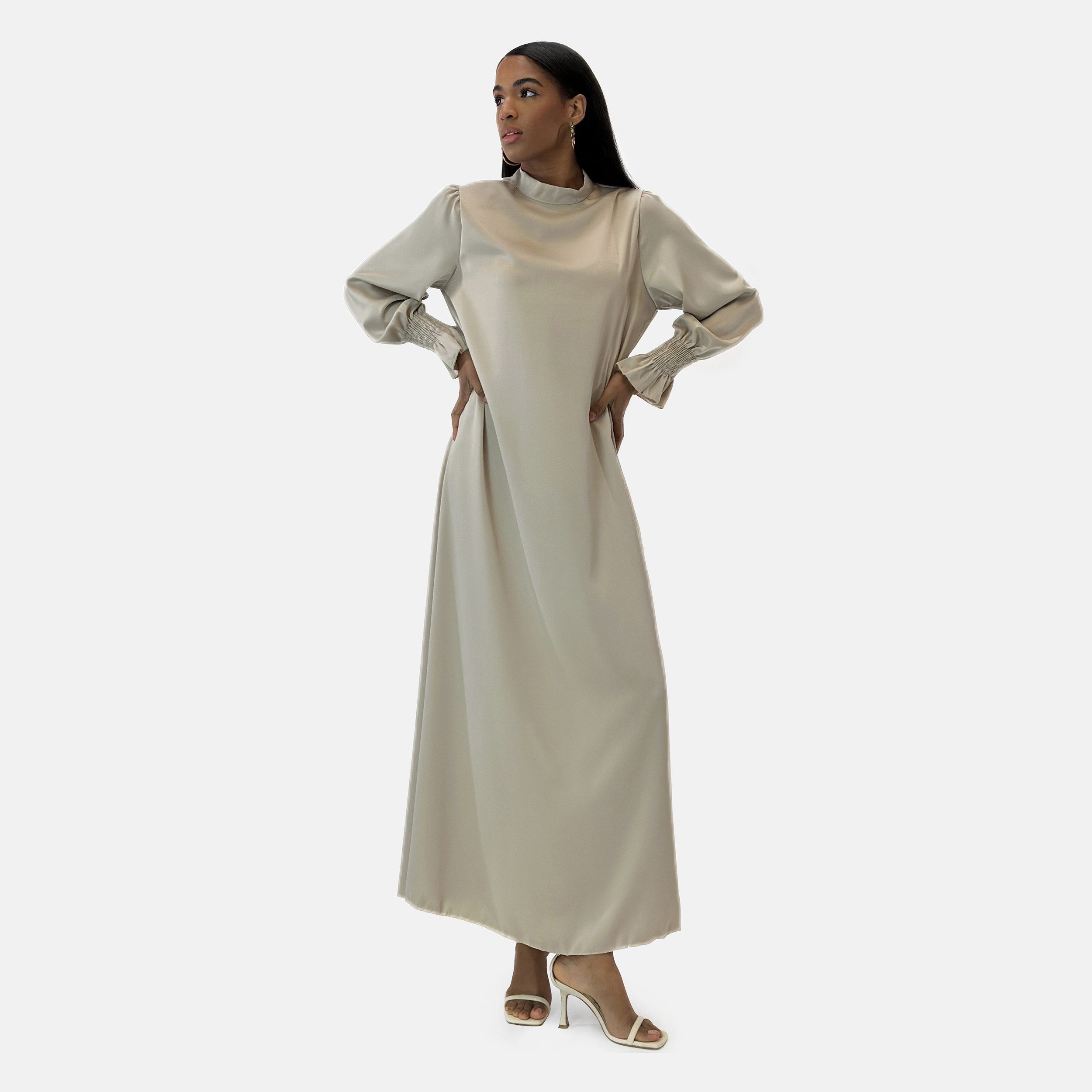 Elara Maxikleid — Damen Abaya One Size mit Stehkragen und Ballonärmeln