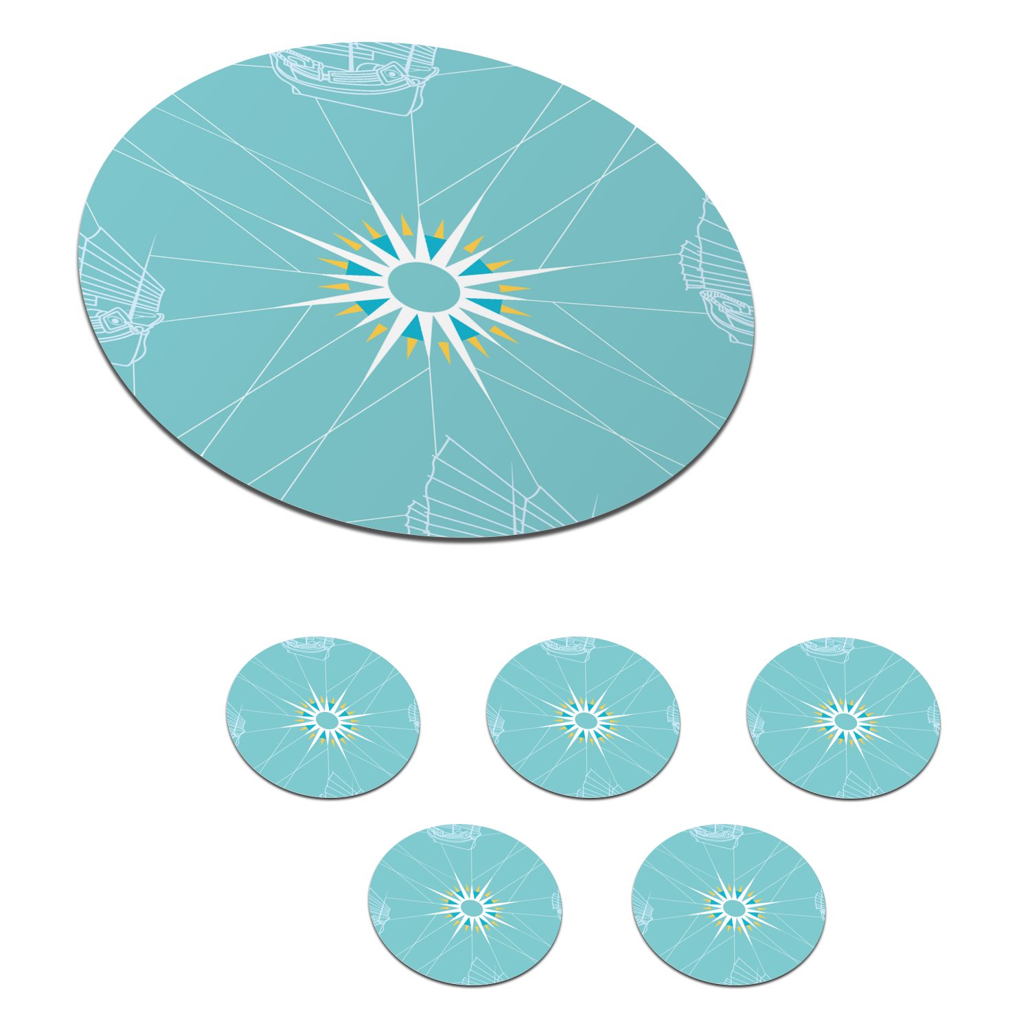 MuchoWow Glasuntersetzer Kompass - Segeln - Boot - Muster, Zubehör für Gläser, 6-tlg., Getränkeuntersetzer, Tassenuntersetzer, Korkuntersetzer, Tasse, Becher