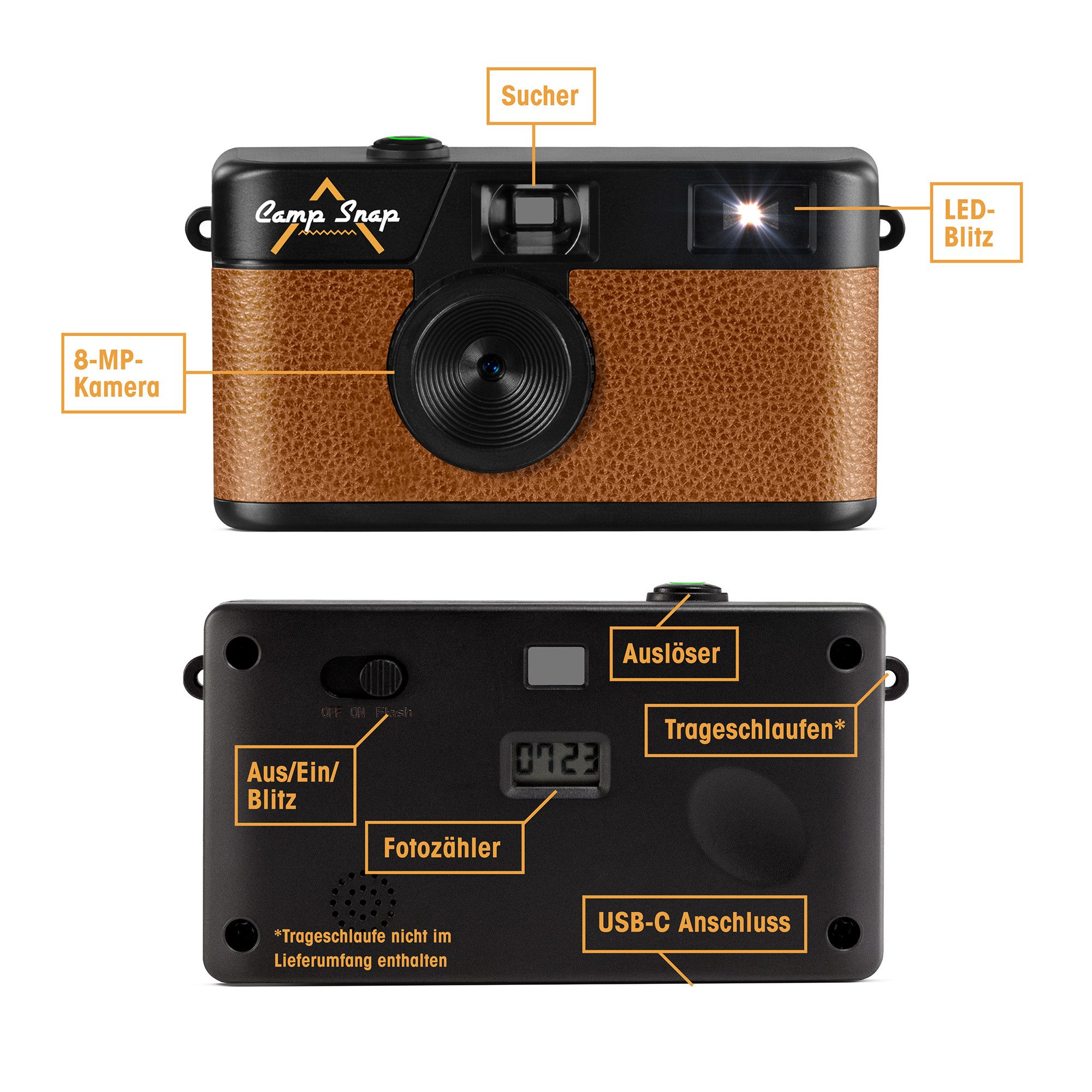 Camp Snap CS-V105 Retro-Digitalkamera im Vintage-Look, ohne Display, Kompaktkamera (8 MP, inkl. Kamera inkl. USB-C-Kabel, Bedienungsanleitung, Verpackung, 8 MP, – Bild 4 von 5