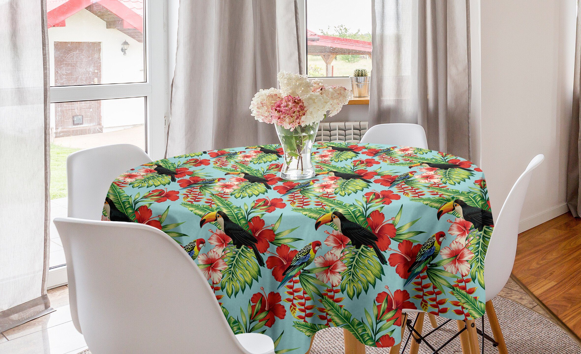 Tischdecke Toucan Dekoration, Abdeckung Parrot Küche Abakuhaus Esszimmer für Tischdecke und Hibiscus Kreis Exotisch