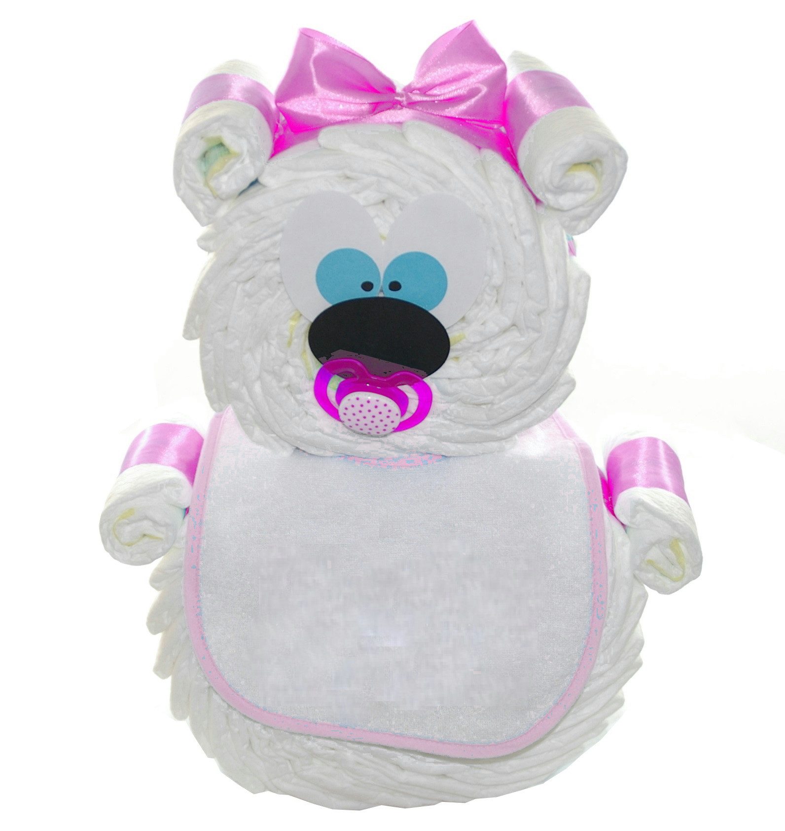 dubistda-WINDELTORTEN- Neugeborenen-Geschenkset Großer Windelbär (Windeltorte, Geschenk zur Geburt) handgefertigt, optional mit Lätzchen mit Name bedruckt