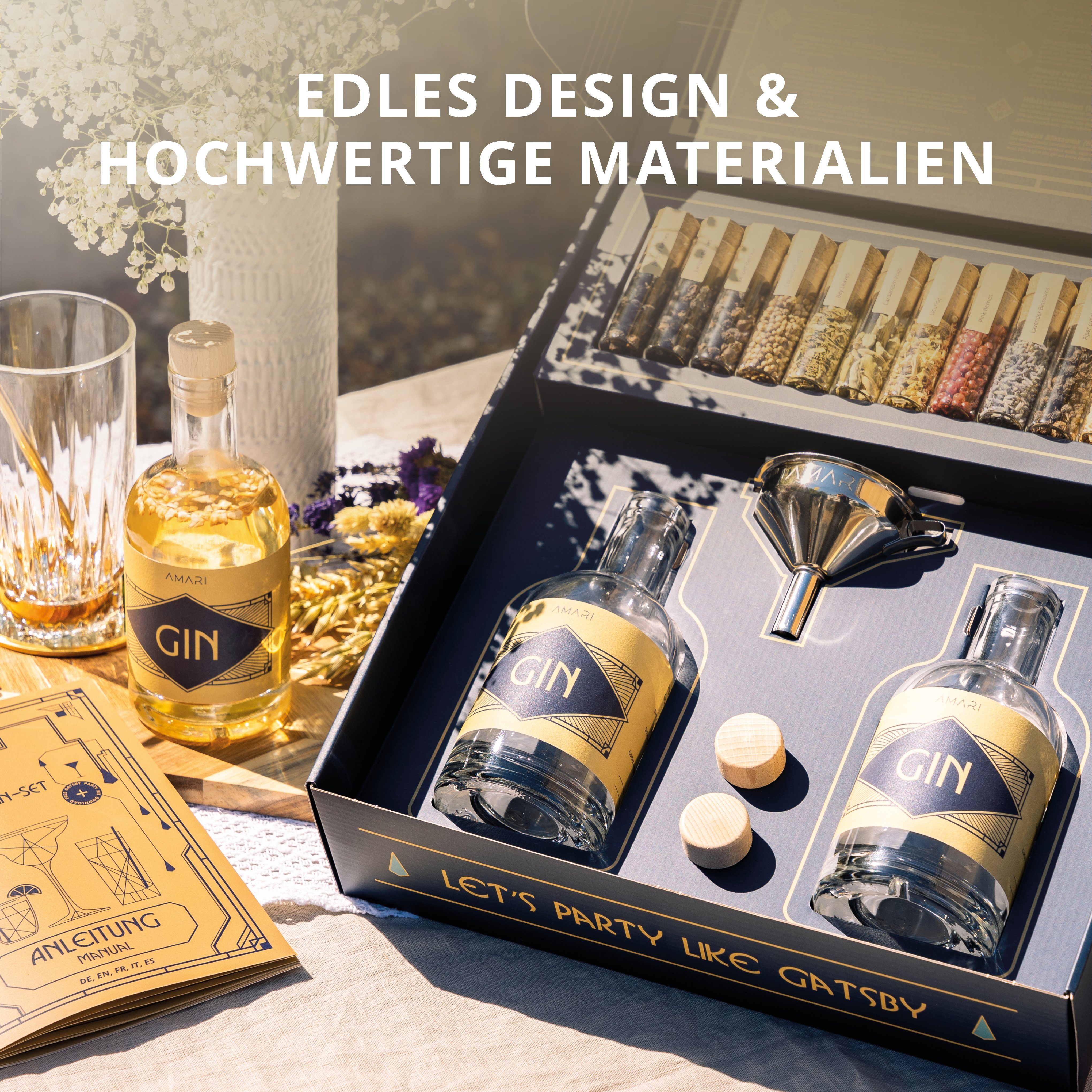 Amari Geschenkbox Gin Selbermachen Set, DIY Geschenkset mit Botanicals & Zubehör, Hochwertige Geschenkidee für Männer & Frauen