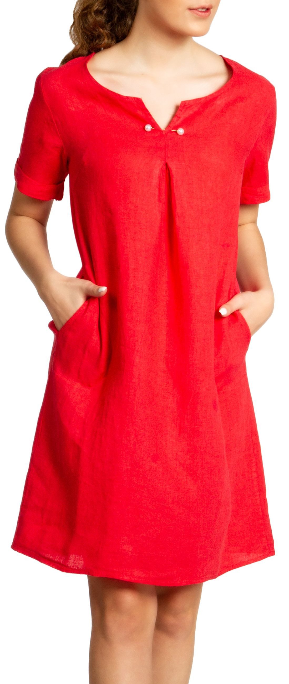 Sommerkleid SKL029 knielanges Damen Sommer Leinenkleid mit elegantem Perlen Dekor