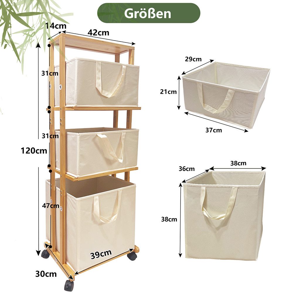 WAOHO Badregal Bambus-Lagerregal mit Rollen, 4 Ebenen mit 3abnehmbaren Wäsc günstig online kaufen