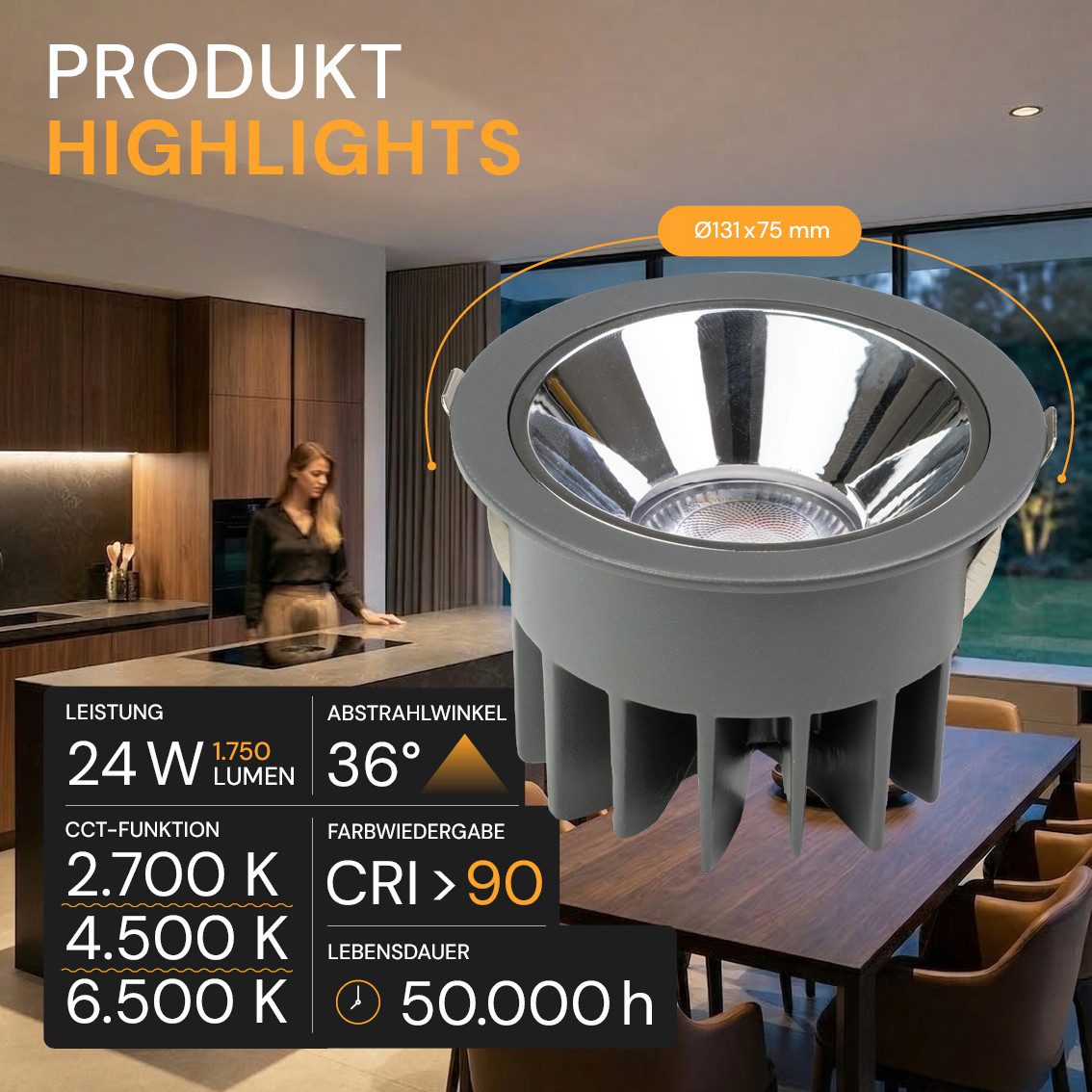 ENOVALITE LED Deckenspot CCT Einbaustrahler, LED fest integriert, Kalt- Warmweiß, 2700K-6500K, Lichtfarbe einstellbar, CRI90 Augenschonend