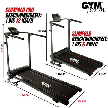 Gymform® Laufband Slim Fold Treadmill (2 Varianten 6km/h oder 12 km/h), für Zuhause, klappbar, leise, bis 120 kg, Tablethalterung, Rollen