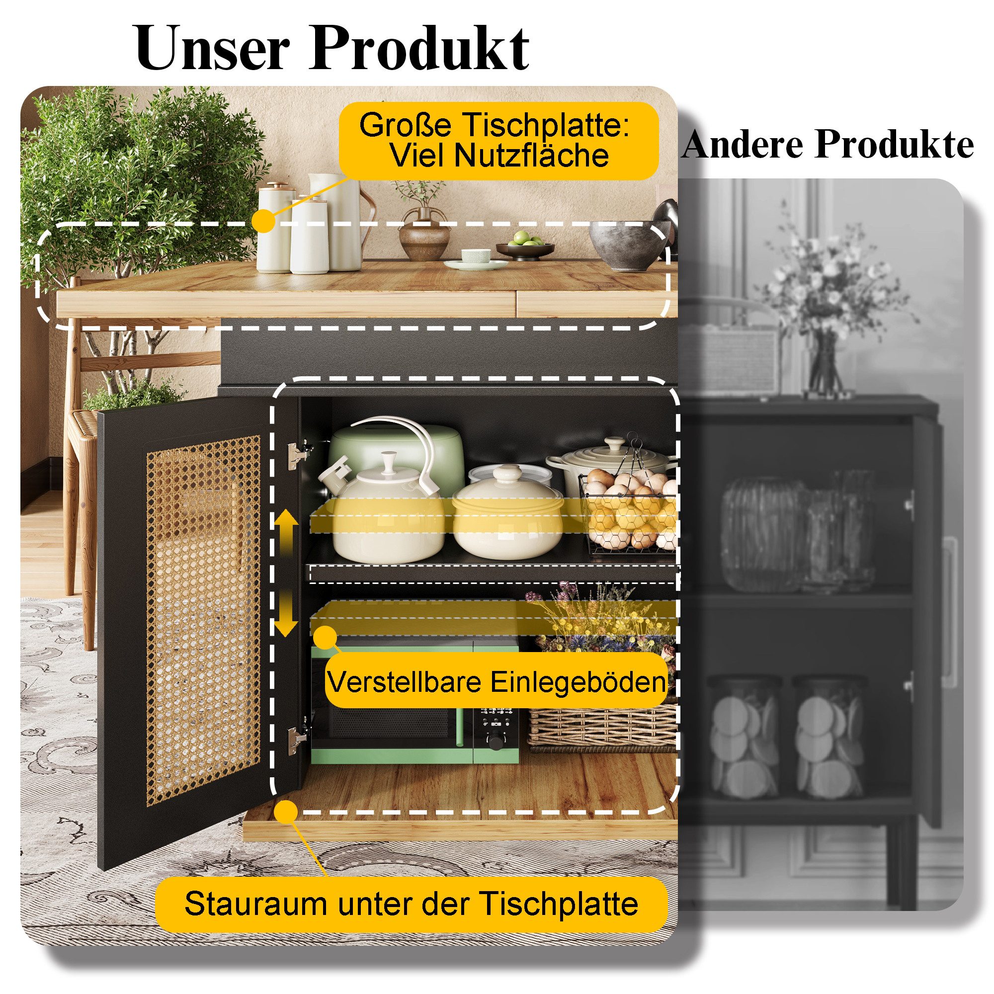 Flieks Esstisch ausziehabrer Tisch mit 2 Rattan-Türen und verstellbaren Einlegeböden (Tischplatte mit Holzmaserung, Länge110-140/T80/H75 cm, 1-St., 1 Tisch), erweiterbar Küchentisch rechteckig Schreibtisch mit Stauraum schwarz