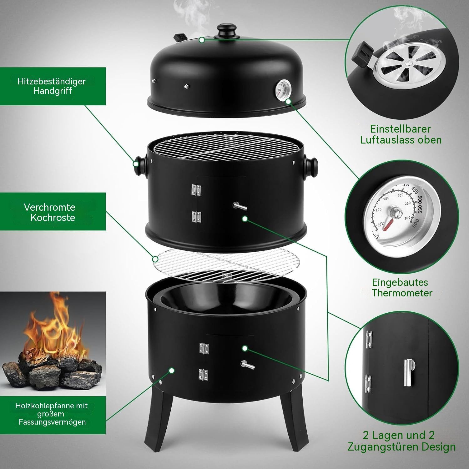 LALAHO Holzkohlegrill 3 in 1 Smoker Grill, Räuchertonne für Camping, Garten, 80 x 41 x 48cm – Bild 2 von 5