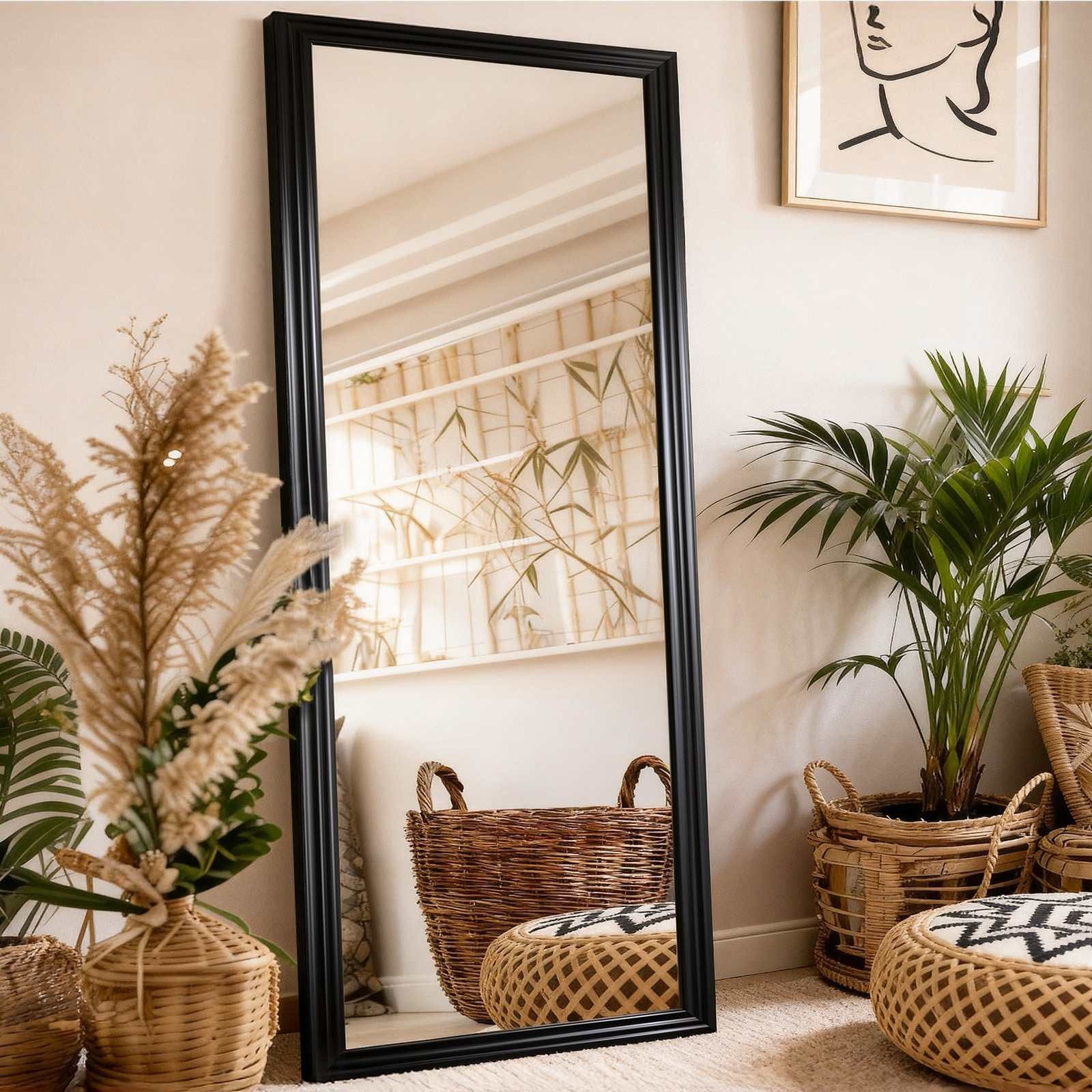 BBG Ganzkörperspiegel 160x50 cm Ganzkörperspiegel, Massivholz mit quadratischem Rahmen (für Schlafzimmer & Flur), HD-Spiegelglas, feuergeröstete Oberfläche und stabilem Standfuß