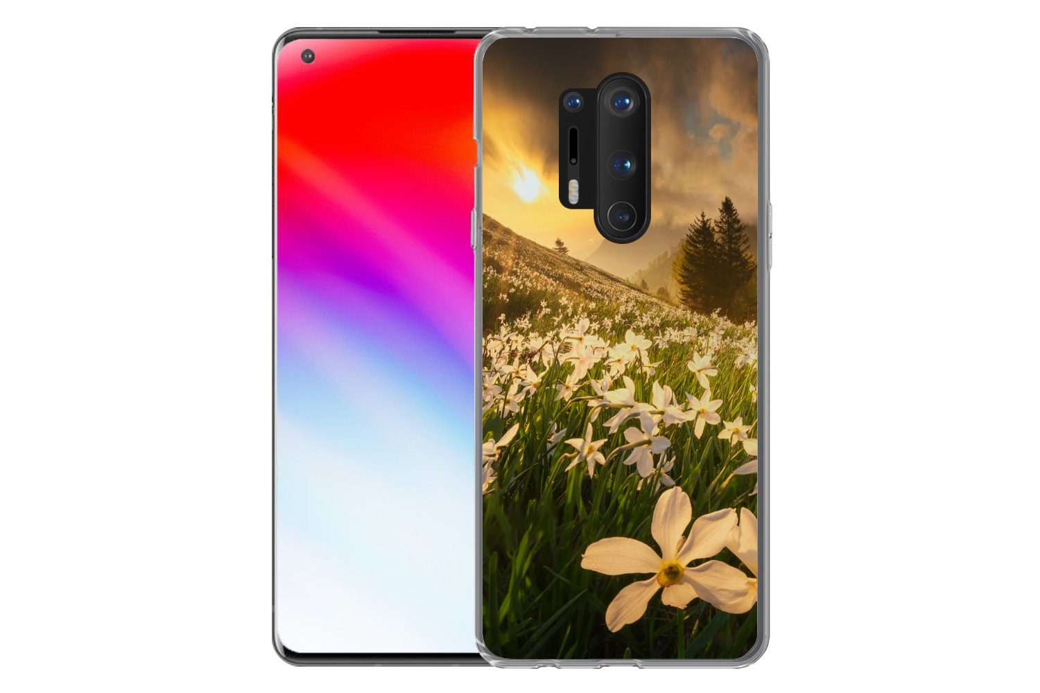 MuchoWow Handyhülle für OnePlus 8 Pro Blumenfeld - Hügel - Sonnenuntergang - Berg - Natur, Phone Case, Silikon, Schutzhülle Dünn