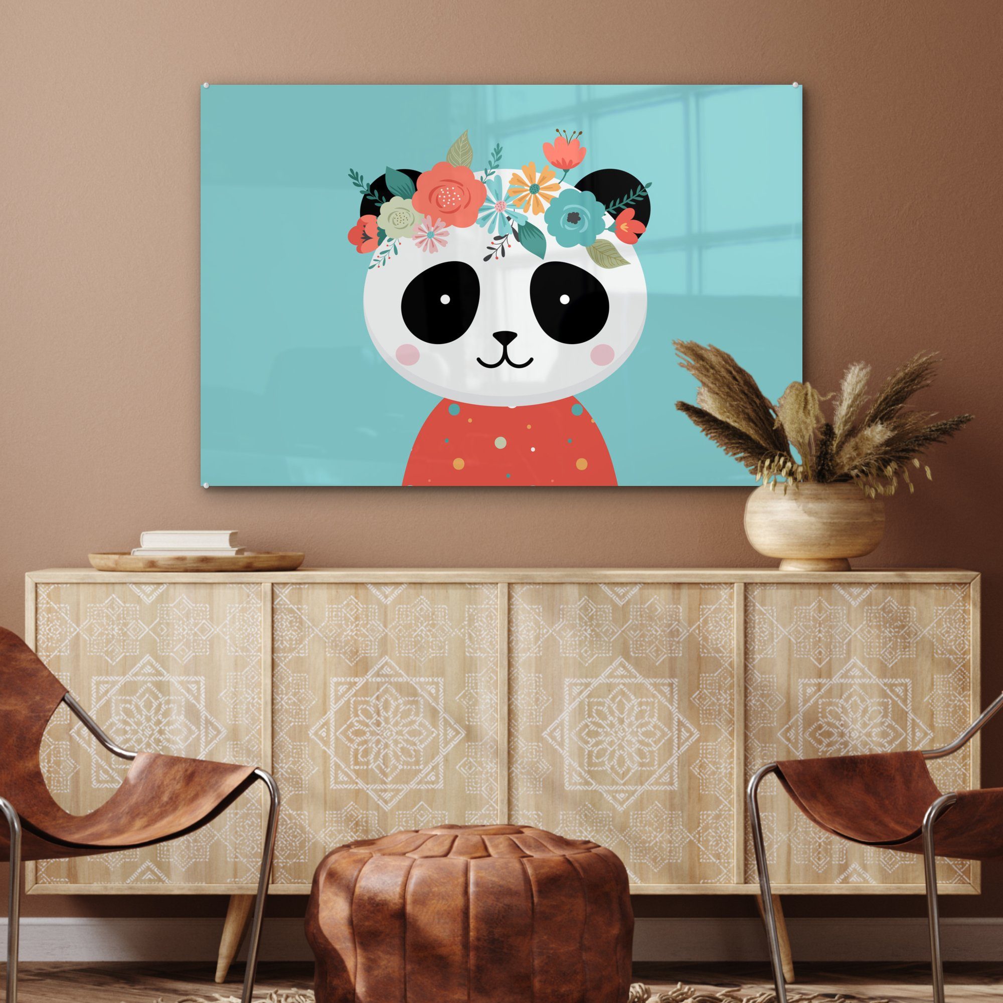 St), - Panda Blau, Schlafzimmer & (1 - Blumengirlande MuchoWow Acrylglasbild Wohnzimmer Acrylglasbilder