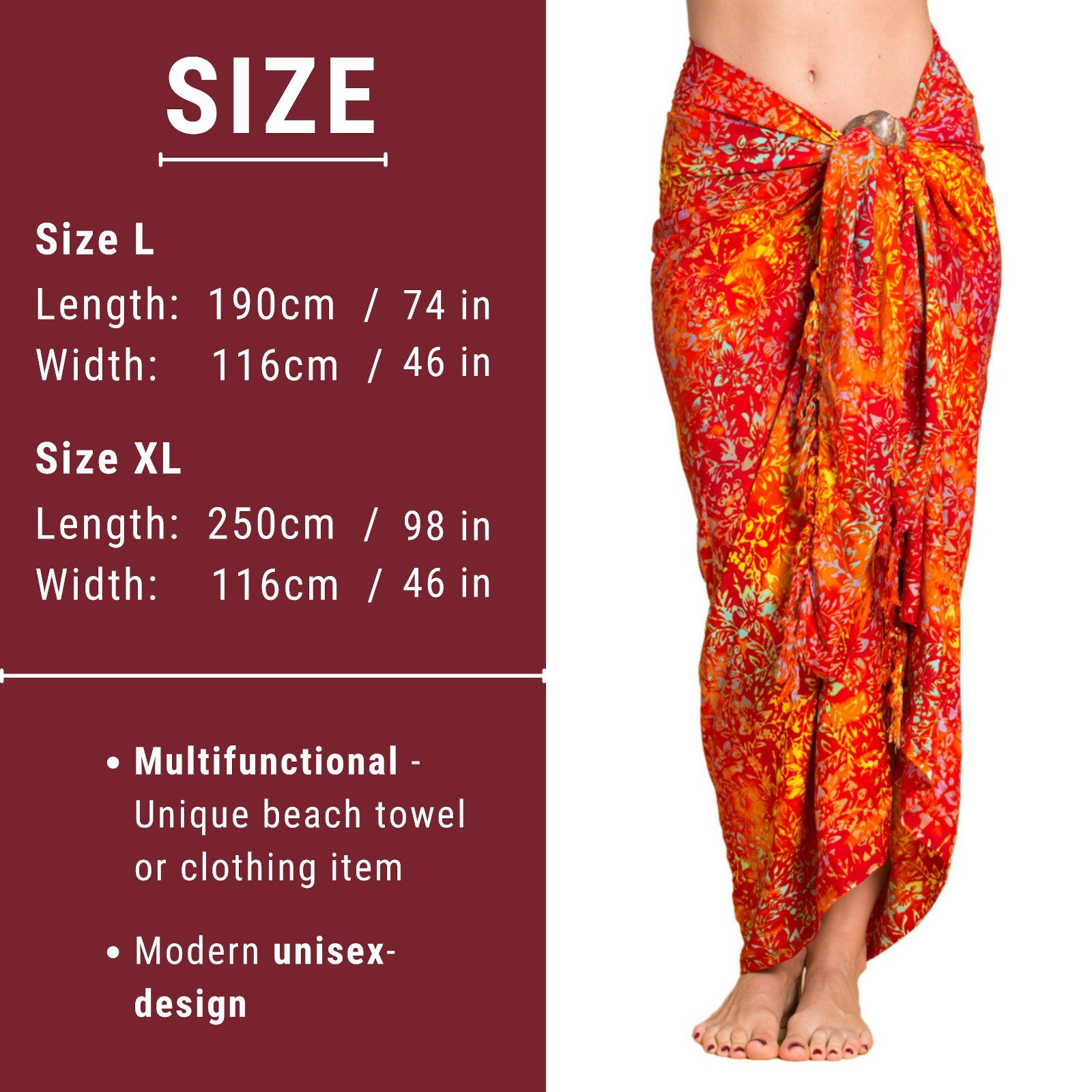 Strand den Größen tragbar Pareo orange für oder, Strandtuch Bikini in Sarong auch B001 Tuch PANASIAM Wachsbatik Wrap großen als Cover-up Überwurf Strandkleid