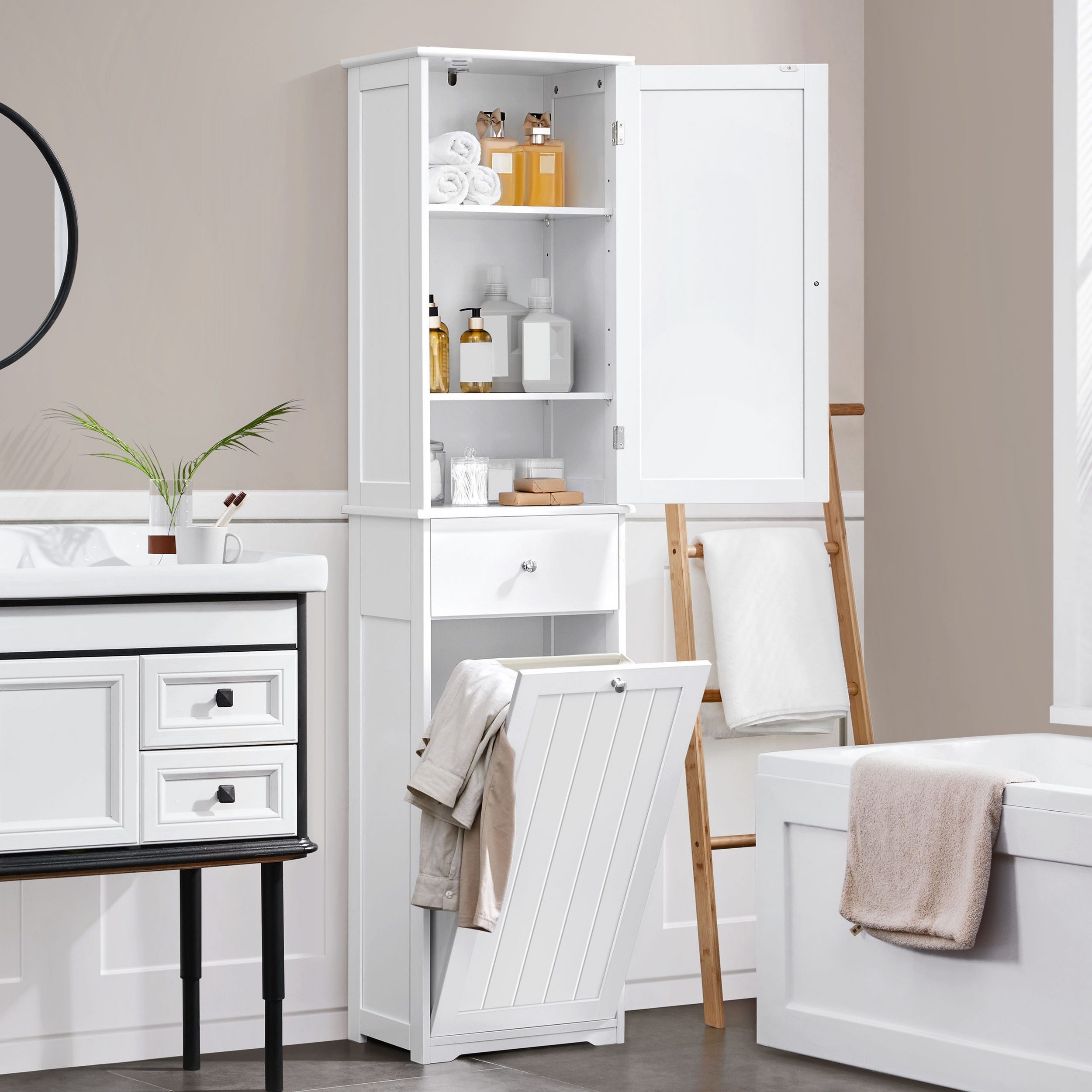 Yaheetech Hochschrank Badezimmerschrank mit Wäschekorb Schmaler Badschrank Badkommode Standregal, Einlegeböden verstellbar