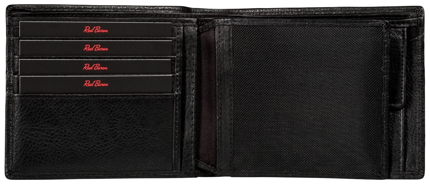 Red Baron Geldbörse Geldbeutel Leder Schwarz RB-WT006-07, Kreditkartenfächer, Netzfach, Münzfach mit Druckknopf