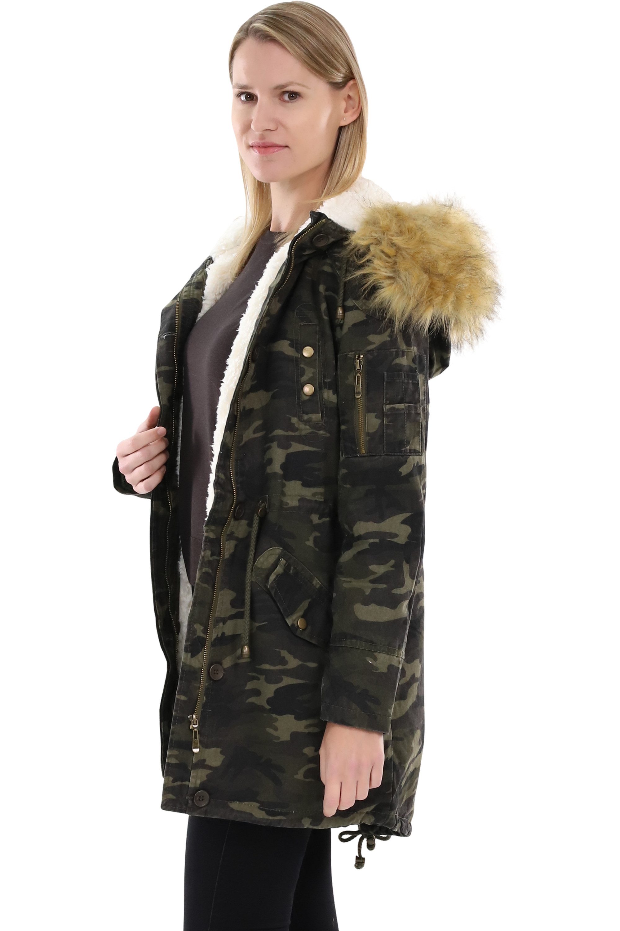 malito more than fashion Parka Damen Parka mit Kapuze, Winterjacke mit Kunstfell, gefütterter Mante Winterjacke in Camouflage Military-Look mit Teddyfell