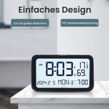 MAGICSHE Funkwecker 8.4 Zoll LCD Wecker mit 2 Weckalarmen Multifunktionale Wohnzimmeruhr