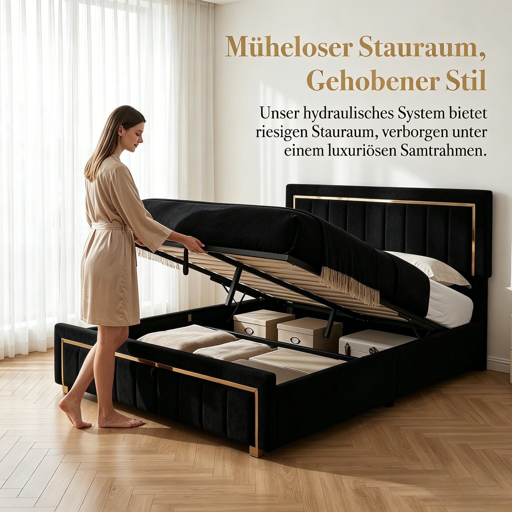 PXloue Stauraumbett Elegantes Polsterbett mit goldenen Akzenten und gepolstertem Kopfteil, Luxuriöses Design mit stabilem Gestell und hochwertigem Bezug.