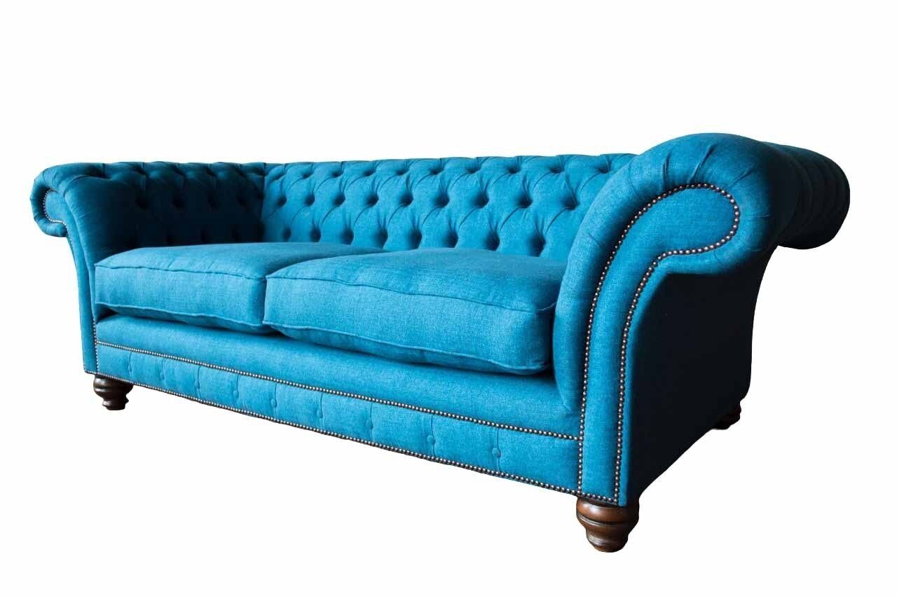 JVmoebel Sofa Chesterfield Sofa Couch Sitzer Made Stoff Sofas Wohnzimmer In Europe Blau, 3 Polster