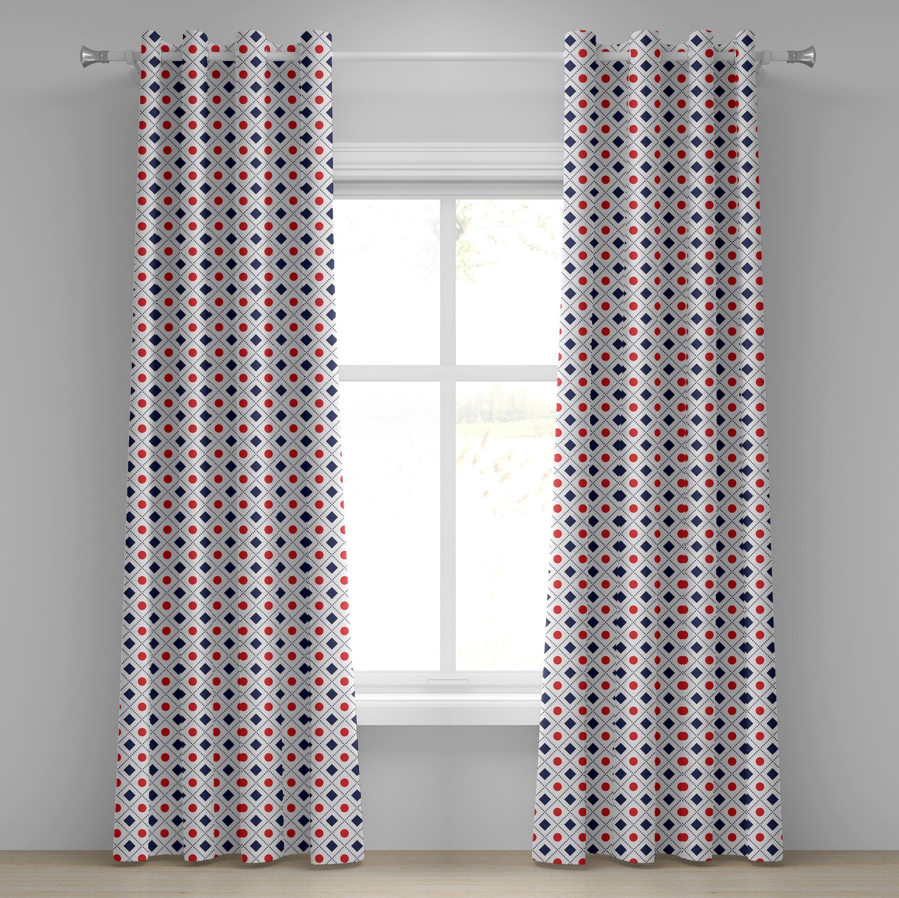 Gardine Dekorative 2-Panel-Fenstervorhänge für Schlafzimmer Wohnzimmer, Abakuhaus, Navy und Rot Kreise Squares