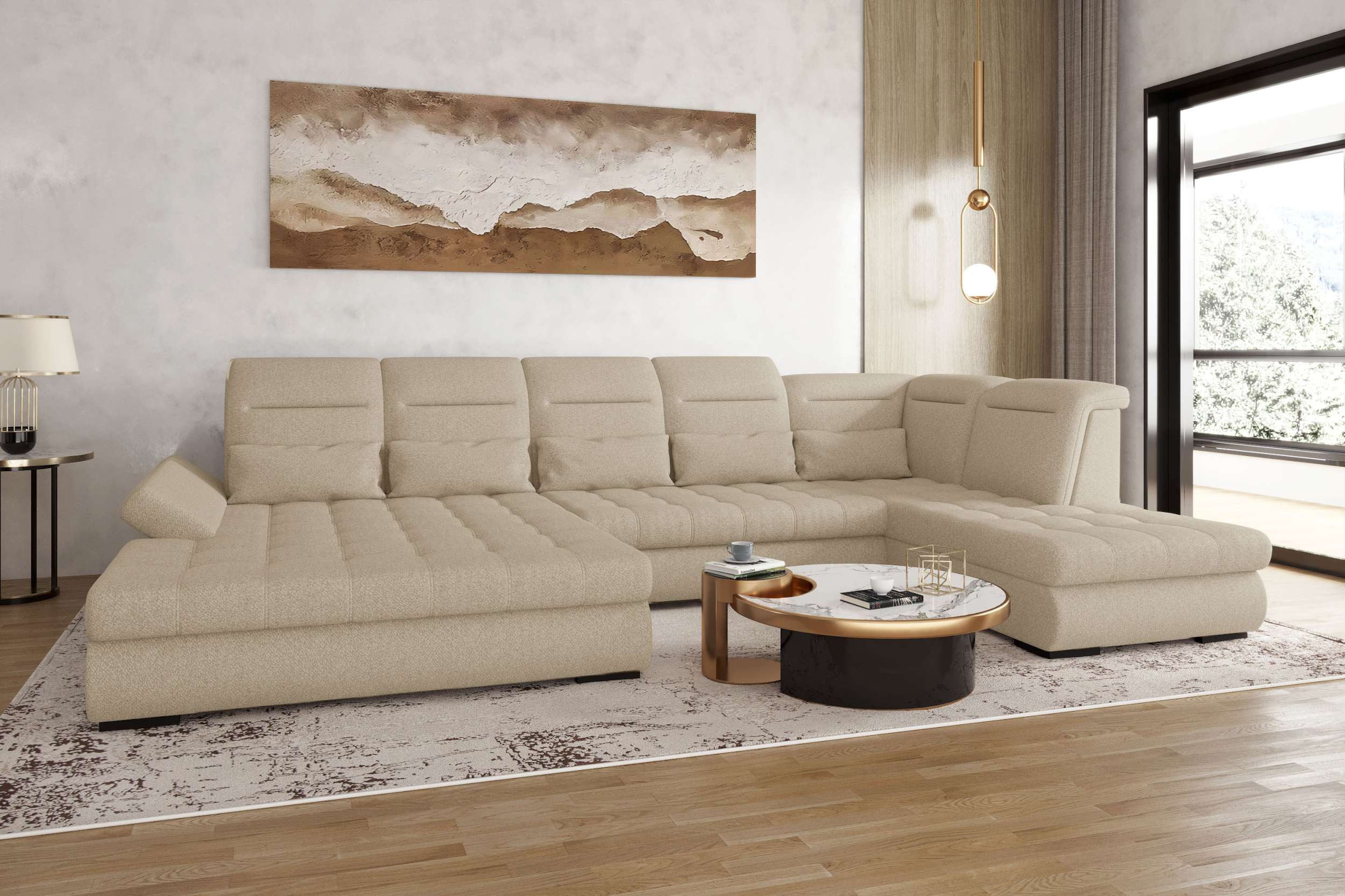 99rooms Wohnlandschaft Toscana, Sofa, U-Form, Bettfunktion, Rundumbezug aus gepolstertem Velours VOGUE