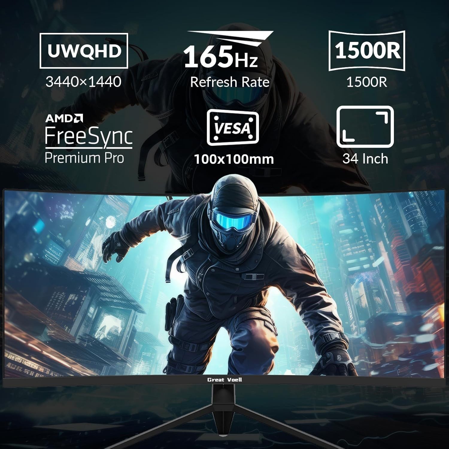 Great Voell 34 Zoll WQHD 4K(3440x1440), 165Hz, 1500R, PIP/PBP, Curved Gaming-Monitor (86 cm/34 ", 3440 x 1440 px, WQHD, 1 ms Reaktionszeit, 165 Hz, VA LED, 127% sRGB, 1500R, Adaptive Sync, HDR10, VESA)
