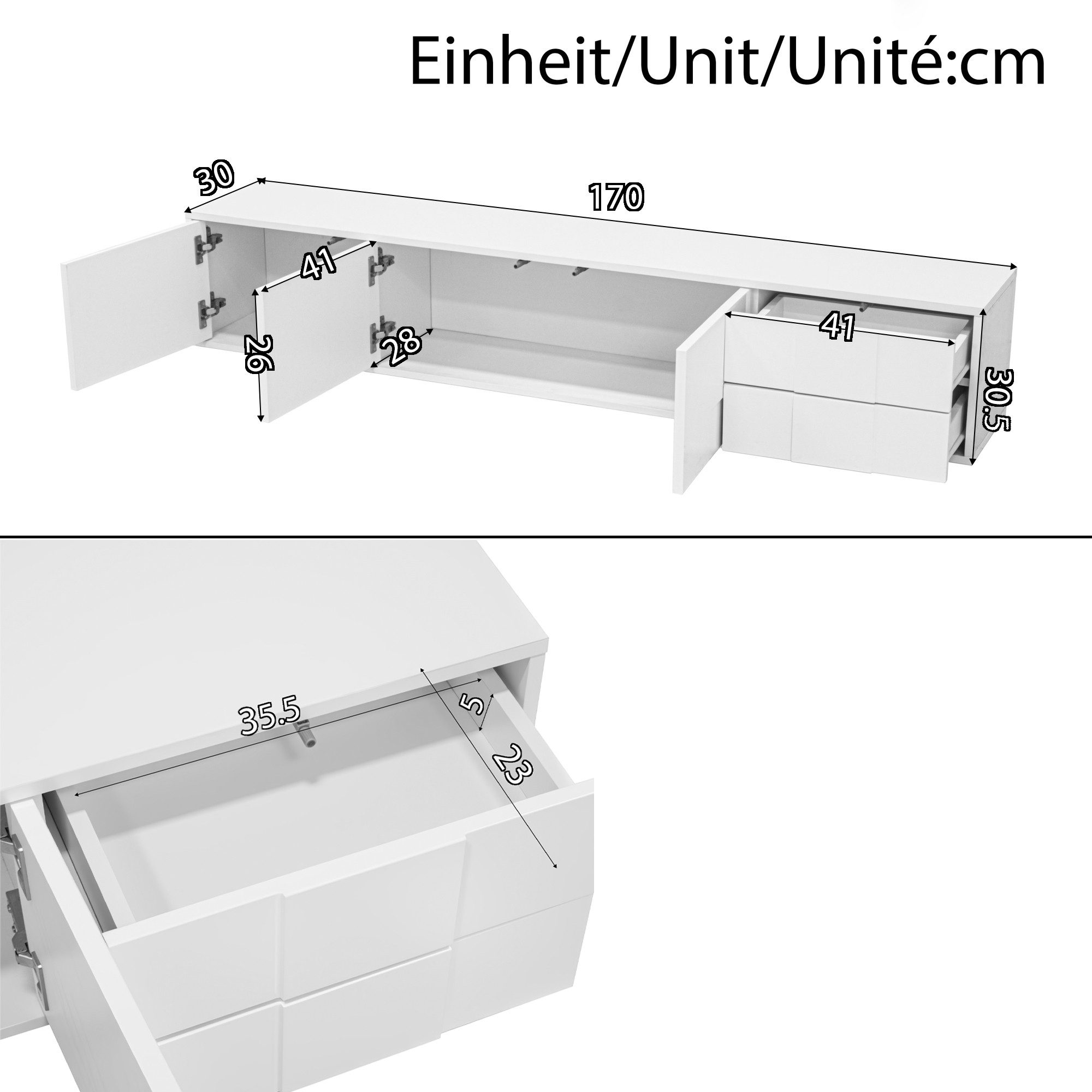 muvano TV-Schrank TV-Lowboard modern 170 cm Hochglanz schwebend grifflos schwebend/stehend, 3 Türen & 2 Schubladen, viel Stauraum – Bild 4 von 5