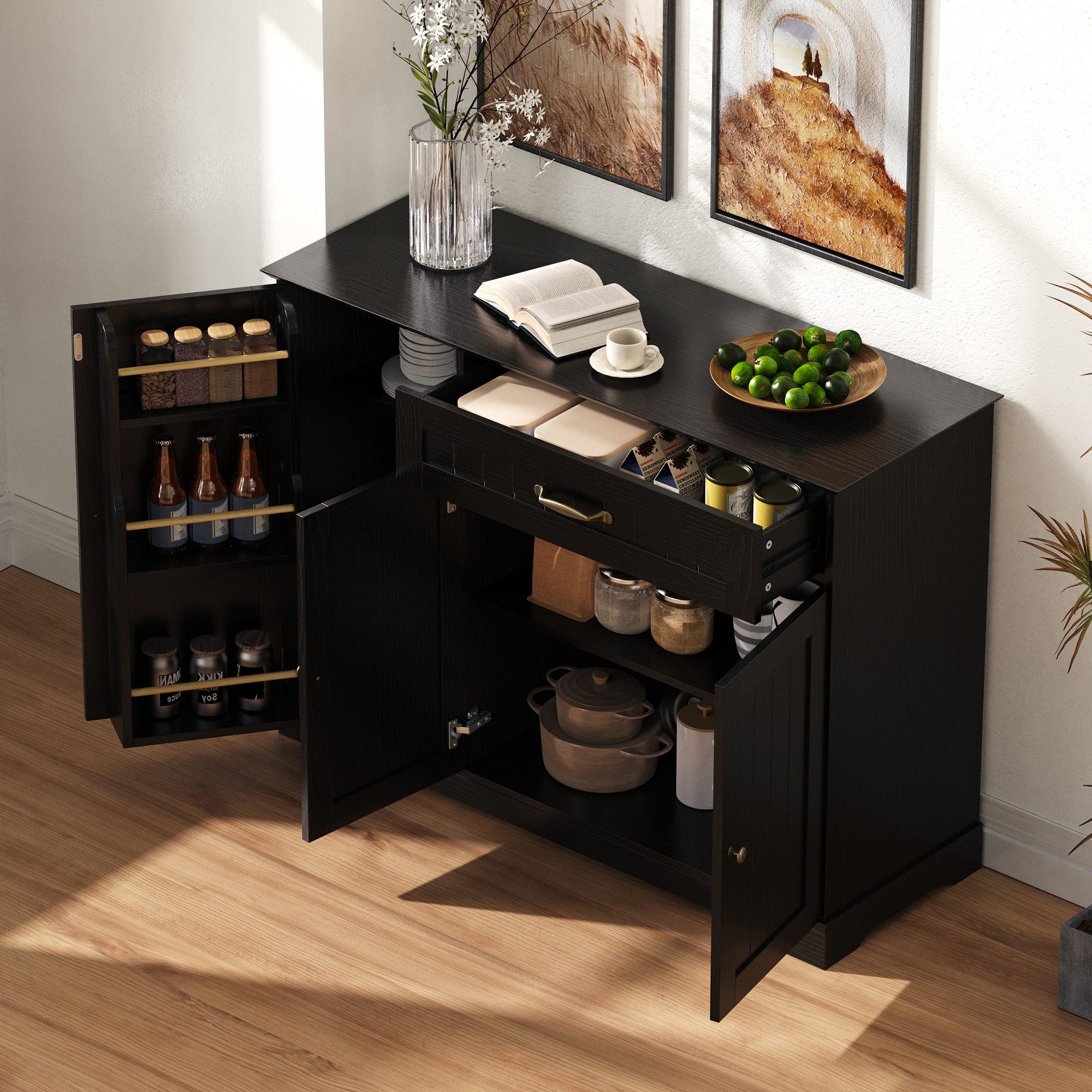 Flieks Kommode Buffetschrank mit Schubladen und Türablagen (1 St., 107x40x84 cm), Mehrzweckschrank Küchenschrank mit verstellbarer Einlegeböden