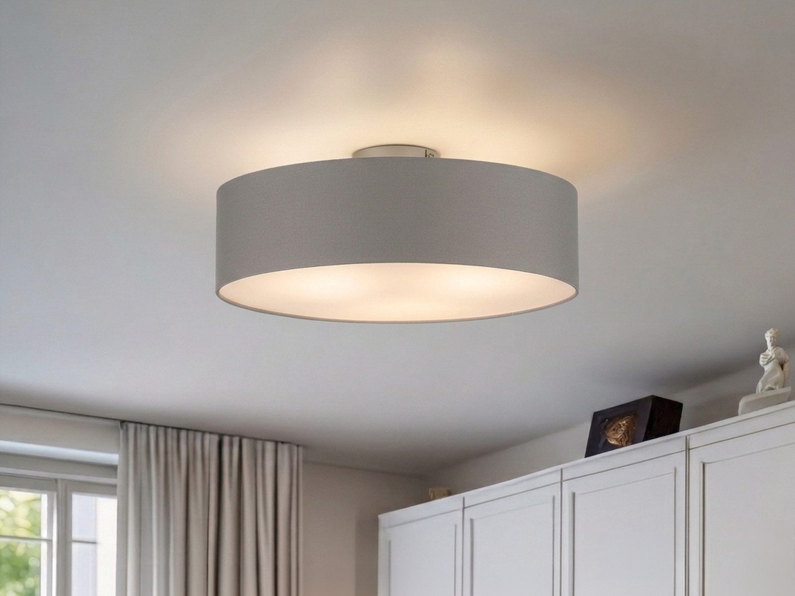 meineWunschleuchte Deckenleuchte mit Stoff Lampenschirm Grau Braun Ø 60cm, ohne Leuchtmittel, große Stoff-Lampe, gemütliche Deckenlampe, E14 Schlafzimmerlampe