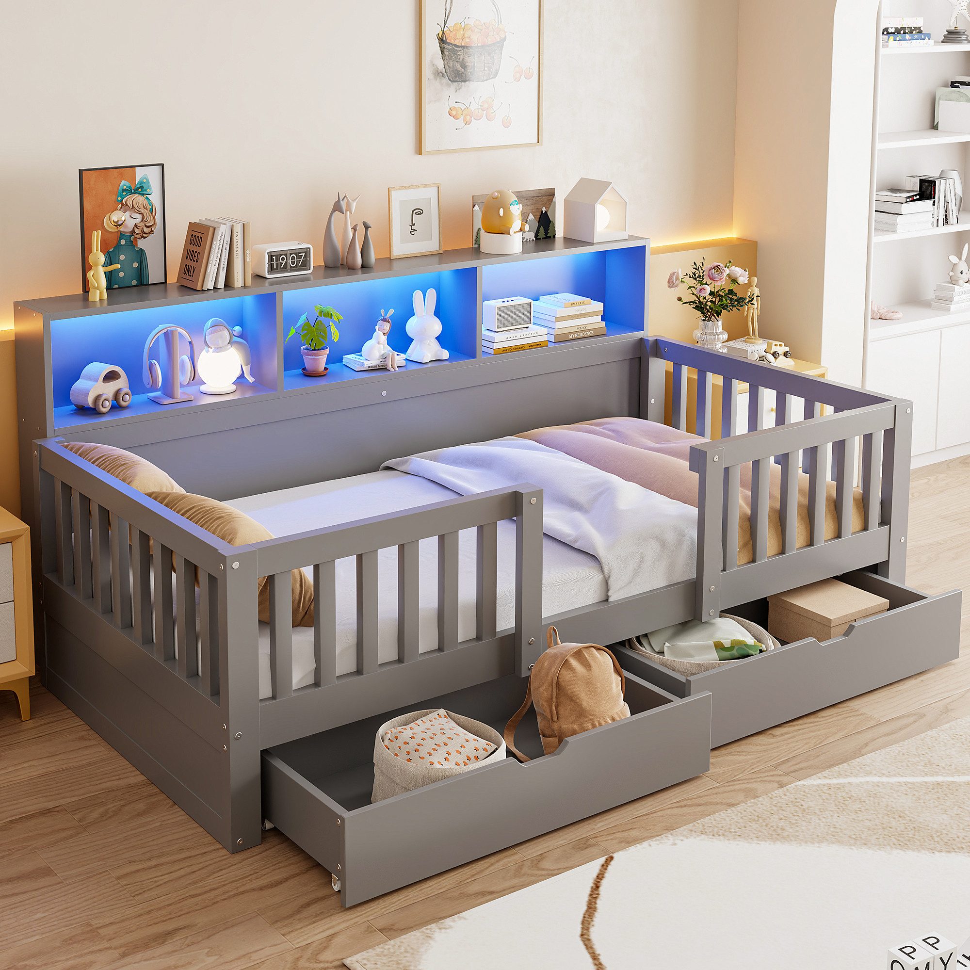 Flieks Kinderbett, Holzbett 90x200cm mit 2 Schubladen, Regalen und LED-Beleuchtung