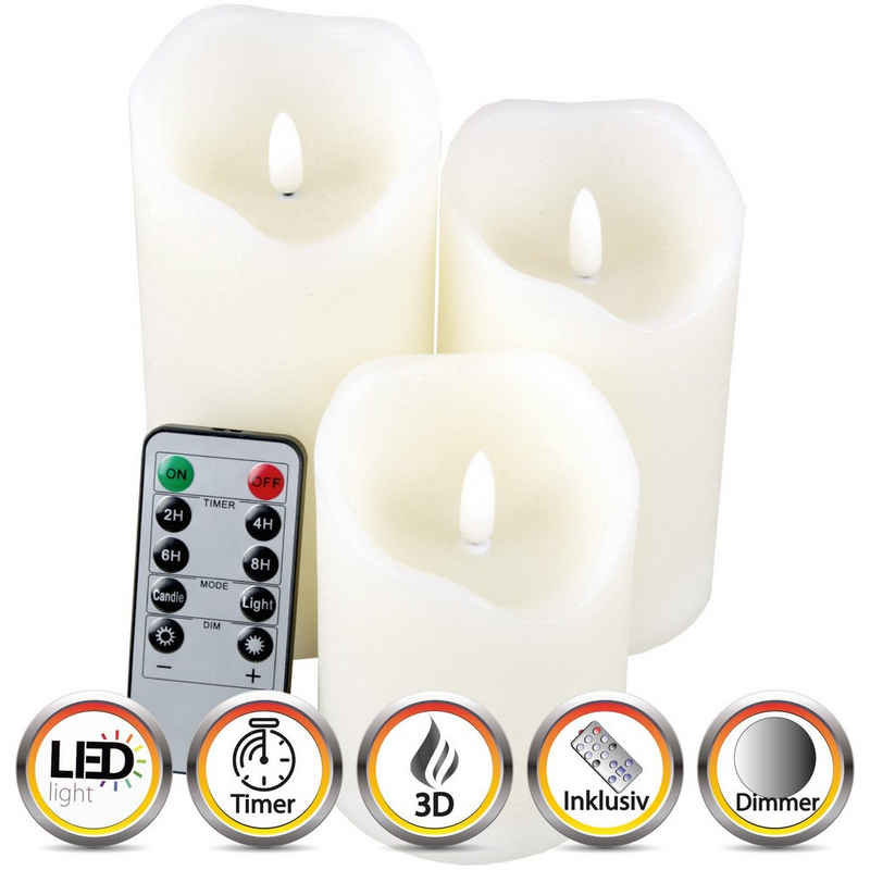 Bestlivings LED-Kerze »WK-04085« (Set), LED Kerzen, 3er Set (10 / 12,5 / 15cm) - Flammenlose Kerzen aus Echtwachs - inkl. Fernbedienung und Timerfunktion