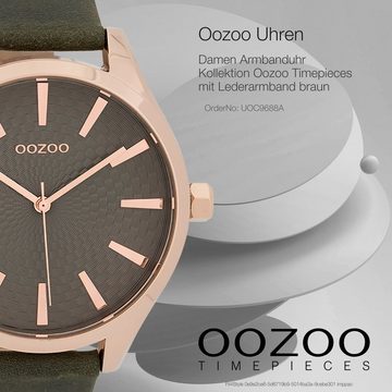 OOZOO Quarzuhr Oozoo Damen Armbanduhr Timepieces, Damenuhr rund, groß (ca. 42mm), Lederarmband braun, Fashion