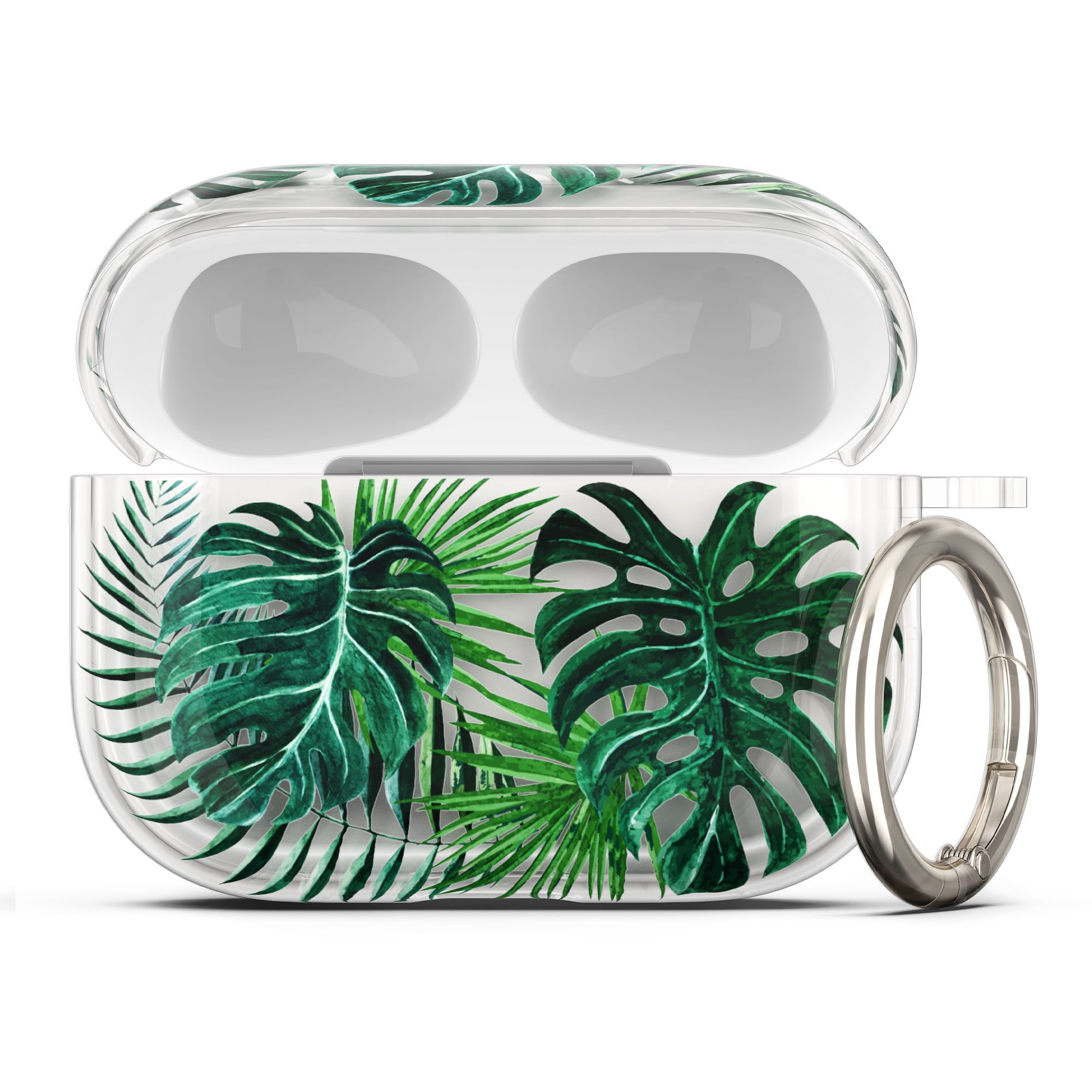 kwmobile Kopfhörer-Schutzhülle Hülle für Apple Airpods Pro 2 / Pro 1 Grün Transparent, Weiche TPU Schutzhülle - Cover Case Tropische Pflanzen Design