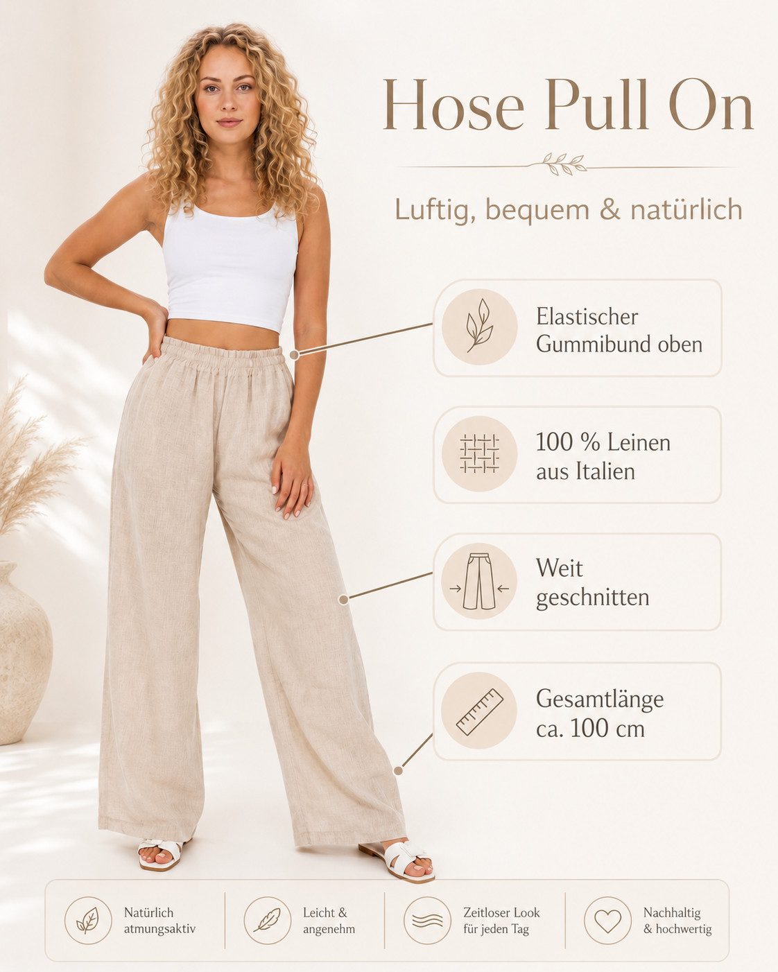 Leinenhose Sommerhose Damen leicht Locker weite Leinenhose Sommer Hose lang