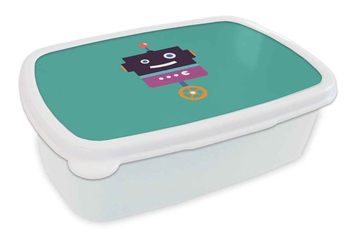MuchoWow Lunchbox Roboter - Rad - Lila - Grün - Jungen - Kinder, Kunststoff, (2-tlg), Brotbox für Kinder und Erwachsene, Brotdose, für Jungs und Mädchen weiß