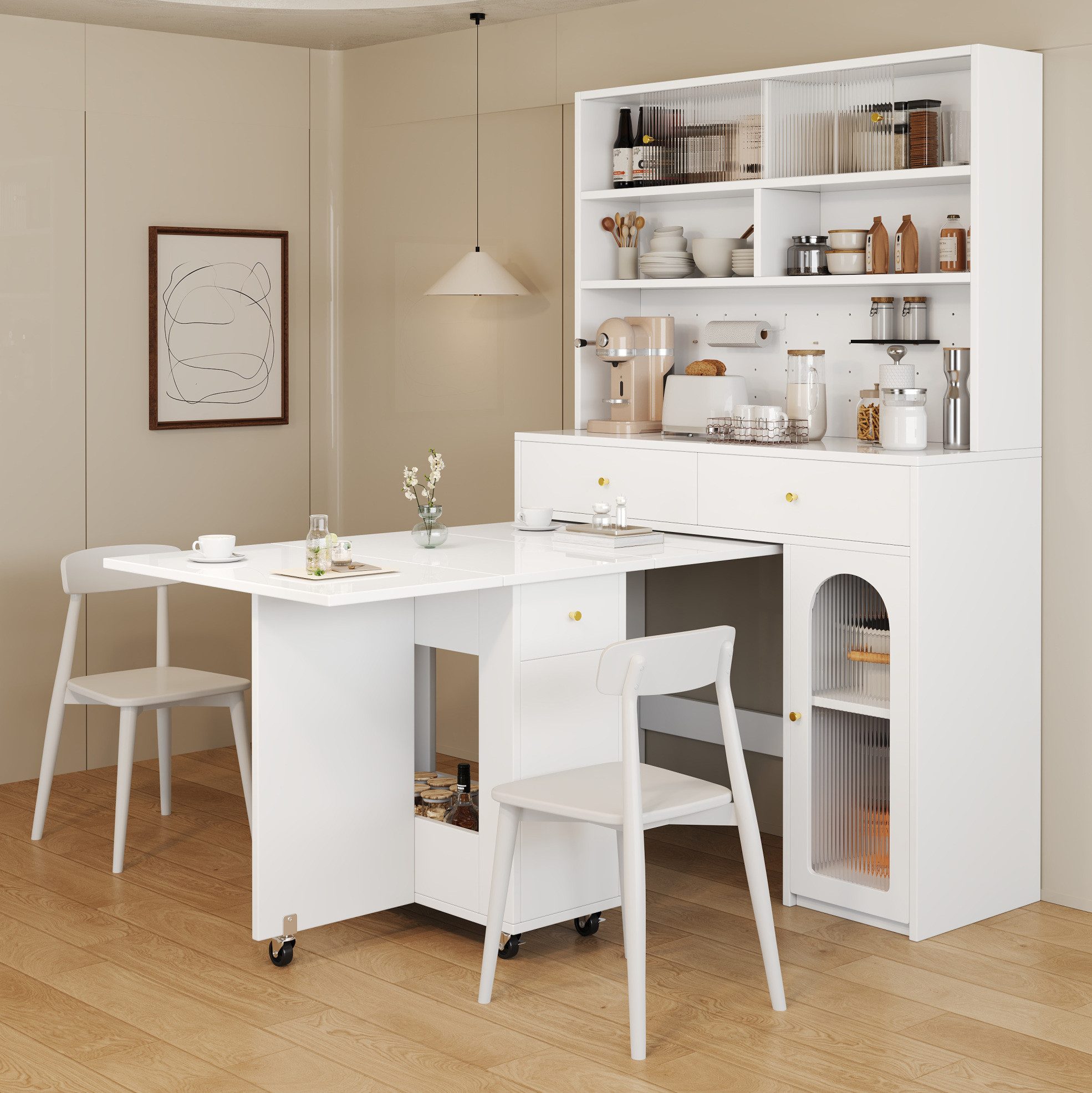 OKWISH Barschrank Küchenhochschrank mit Klapptisch & viel Stauraum (Packung, 1-St., Weiß, Schrank 120×45×180 cm / Tisch 120×75×75 cm) MDF, 60 kg belastbar, goldene Griffe