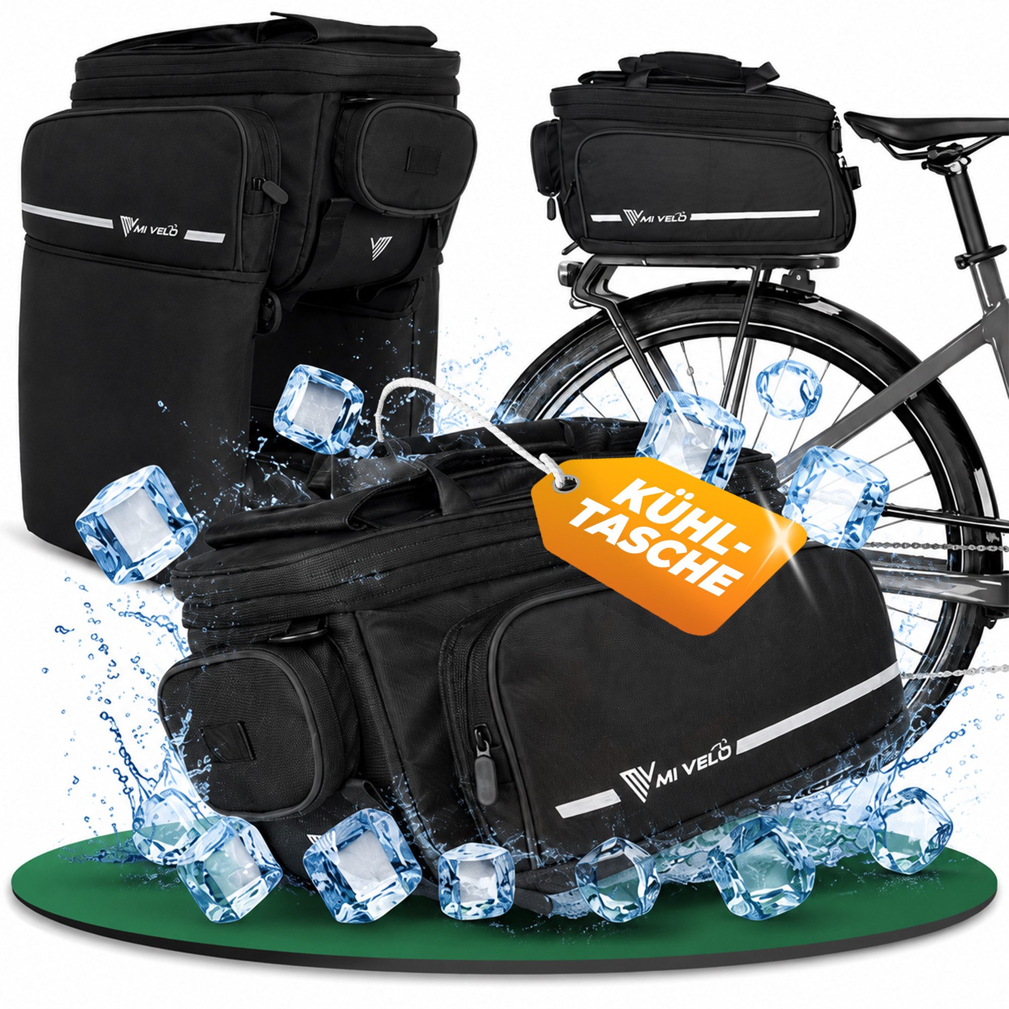 MIVELO Gepäckträgertasche für Fahrrad & E-Bike, wasserabweisend, erweiterbar 17–25 L, 13 Fächer, inkl. Regenüberzug und reflektierenden Elementen