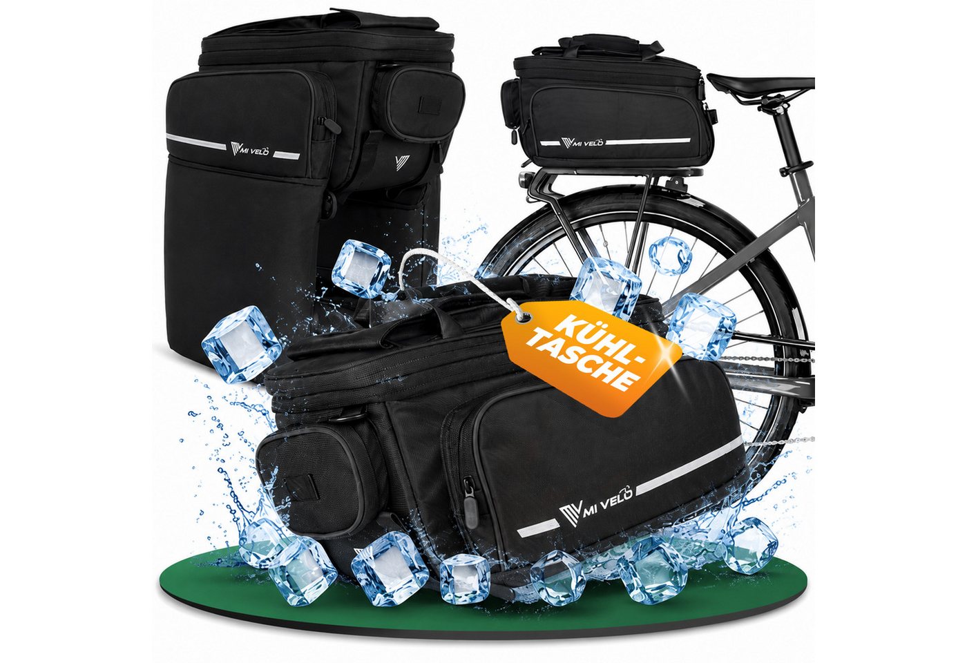 MIVELO Gepäckträgertasche für Fahrrad & E-Bike, wasserabweisend, erweiterbar 17–25 L, 13 Fächer, inkl. Regenüberzug und reflektierenden Elementen
