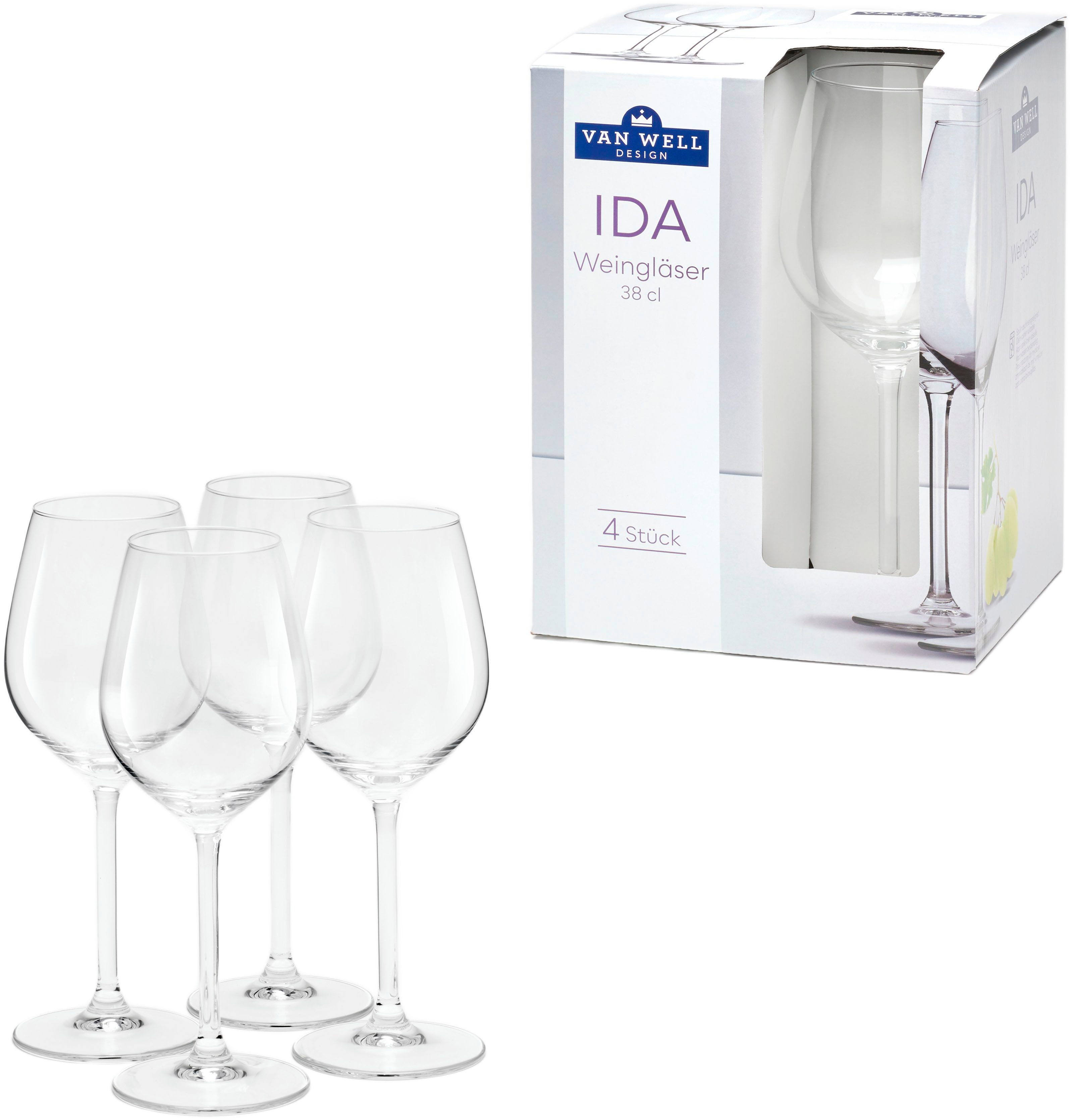 van Well Weinglas Ida, 4-tlg., Glas, spülmaschinengeeignet, 38 cl, 4-teilig