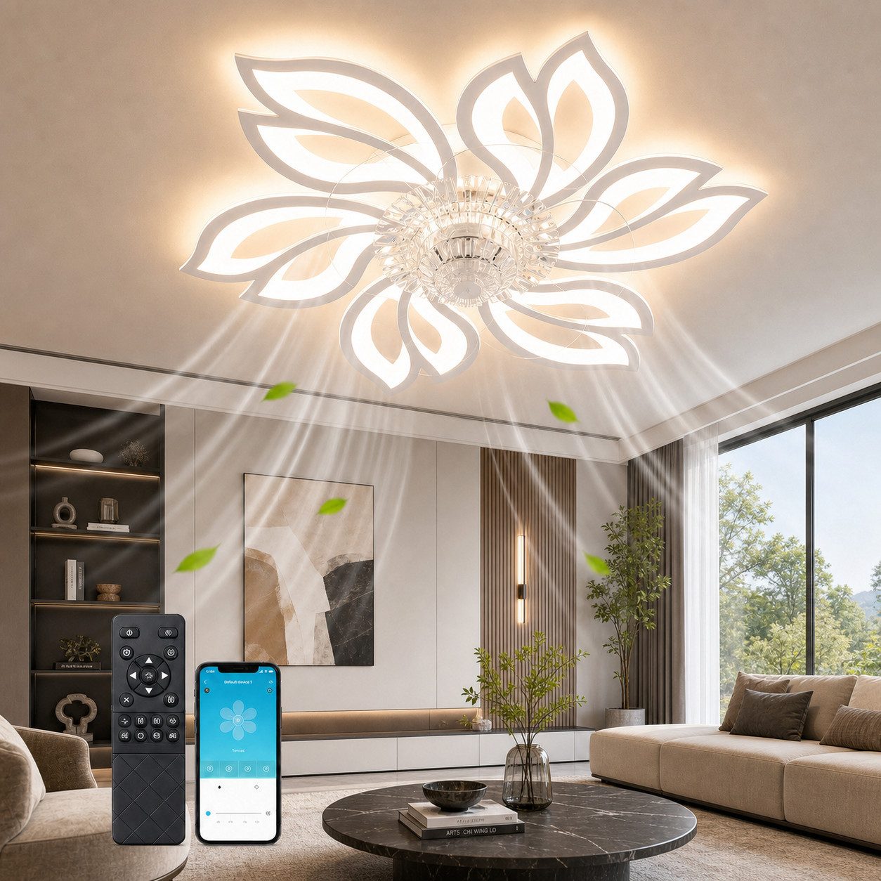 Nettlife Deckenventilator Licht und Fernbedienung Schwarz/Weiß 48/71W 3 Farbtemperatur 6-Gang, Wohnzimmer Esszimmer Schlafzimmer 66 x 66 x 14 cm