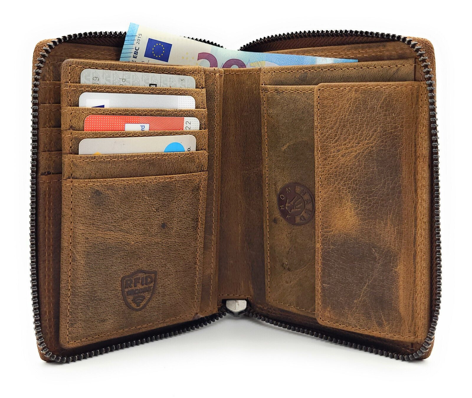 JOCKEY CLUB Geldbörse echt Leder Portemonnaie mit RFID Schutz vintage Hunterleder, umlaufender Reißverschluss